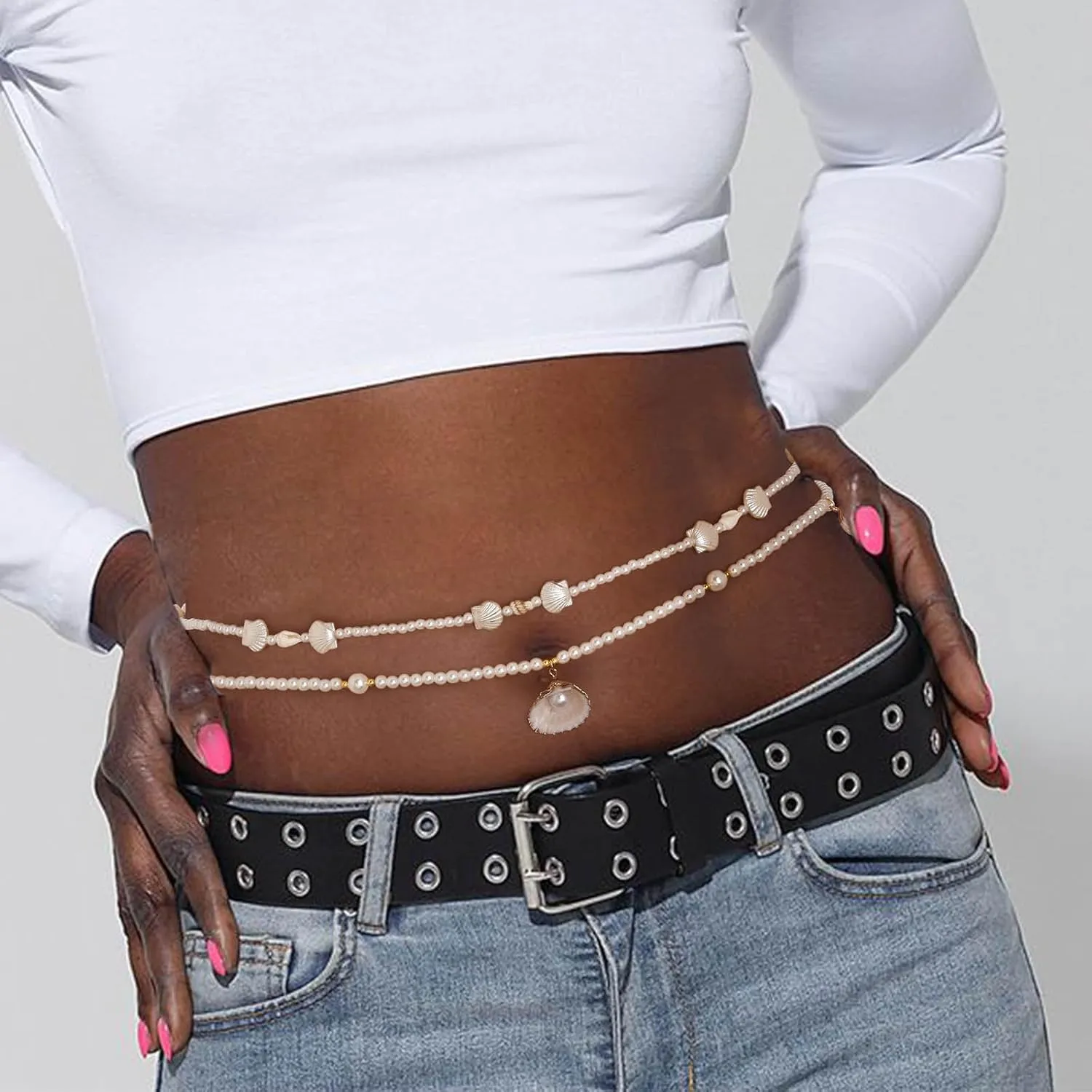 ELABEST Seashell Belly Chain Layered Pearl Shell Waist Chain Mermaid Beach Seashell Stomach Jewelry Chains for Women