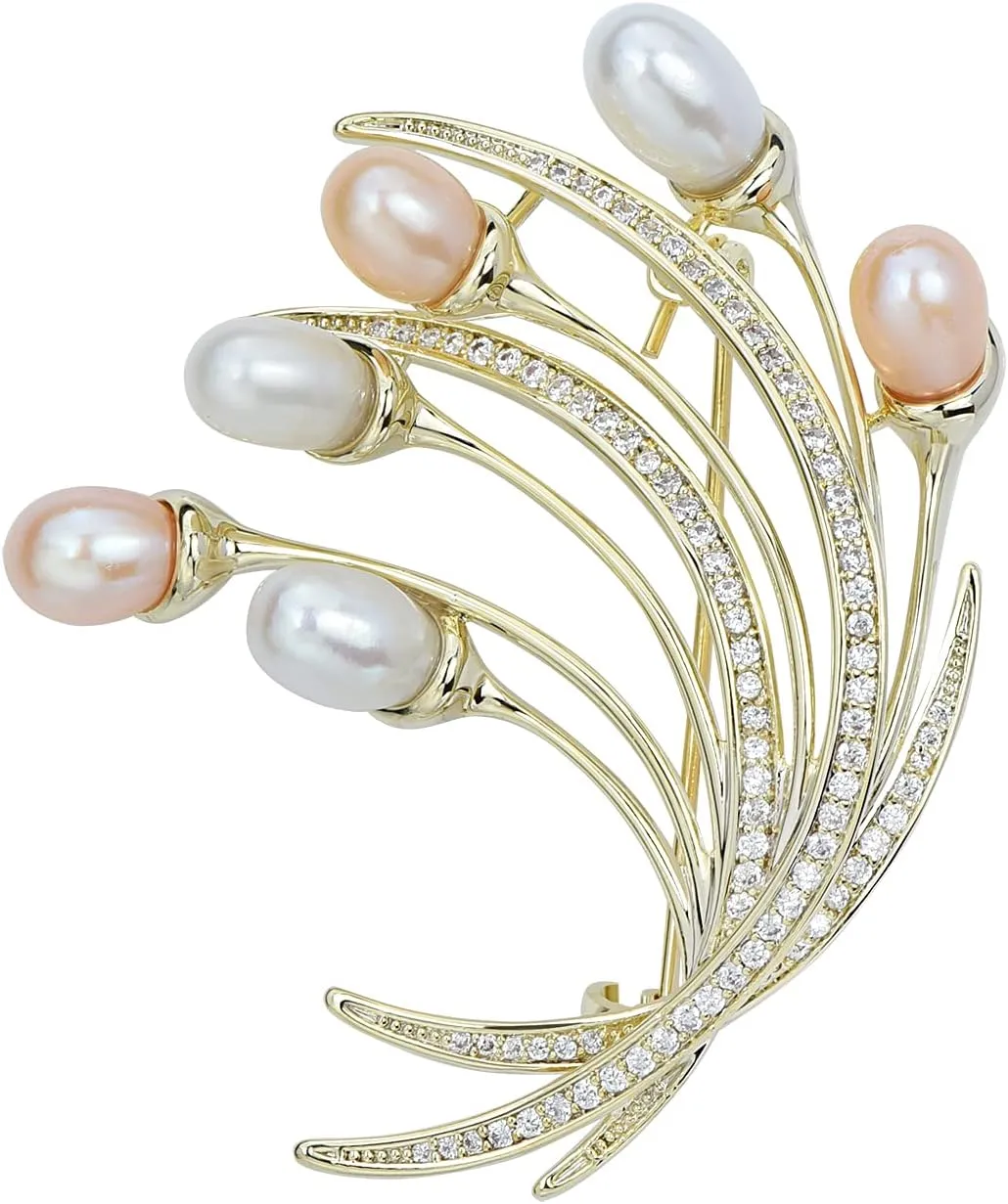 Elegant Natural Freshwater Pearl Flower Brooch Lapel Pin Crystal Leaf Garland Brooch Wedding Corsage for Women