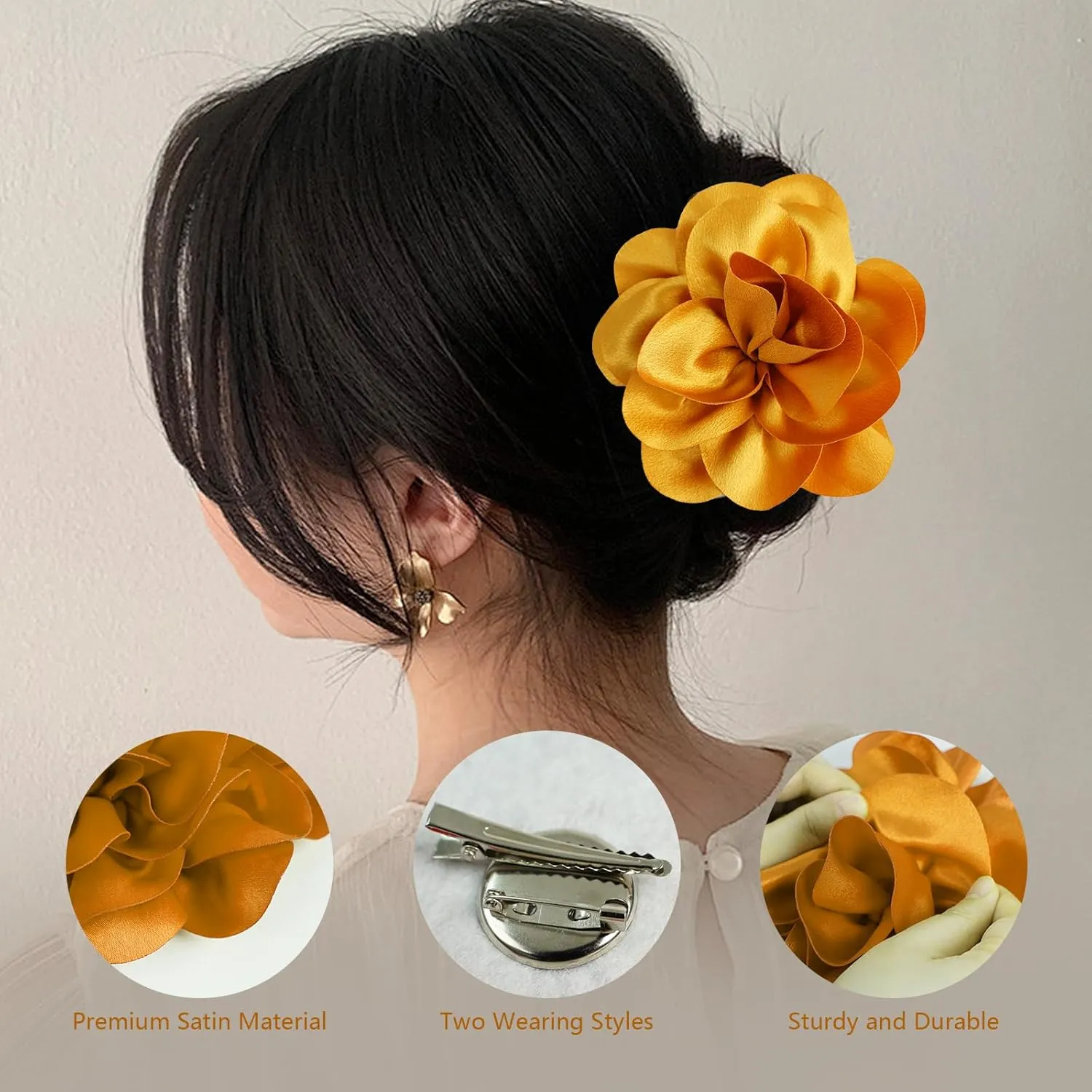 Elegant Satin Fabric Flower Brooch Pins and Flower Hair Clips, Big Size for Women's Dress Accessories, for Weddings, Parties, Dating, Rose and Silk Camellia Design, Eye-Catching Clothing Jewelry Gifts
