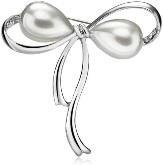 Elegant White Faux Pearl Ribbon Bow Brooches Pins Women Rhinestone Bowknot Jewelry Accessory