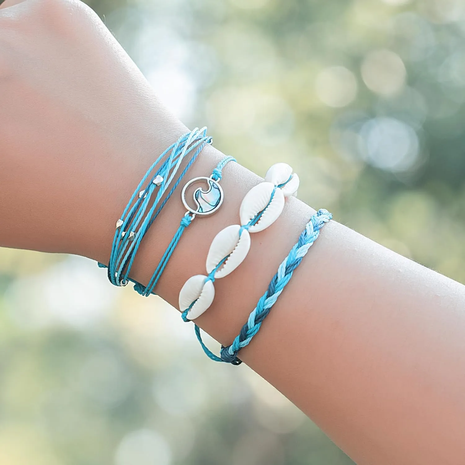 FANCY SHINY Wave String Bracelets Braid Puka Shell Bead Bracelets Handmade Cute Trendy Boho Easter Jewelry Gifts for Women