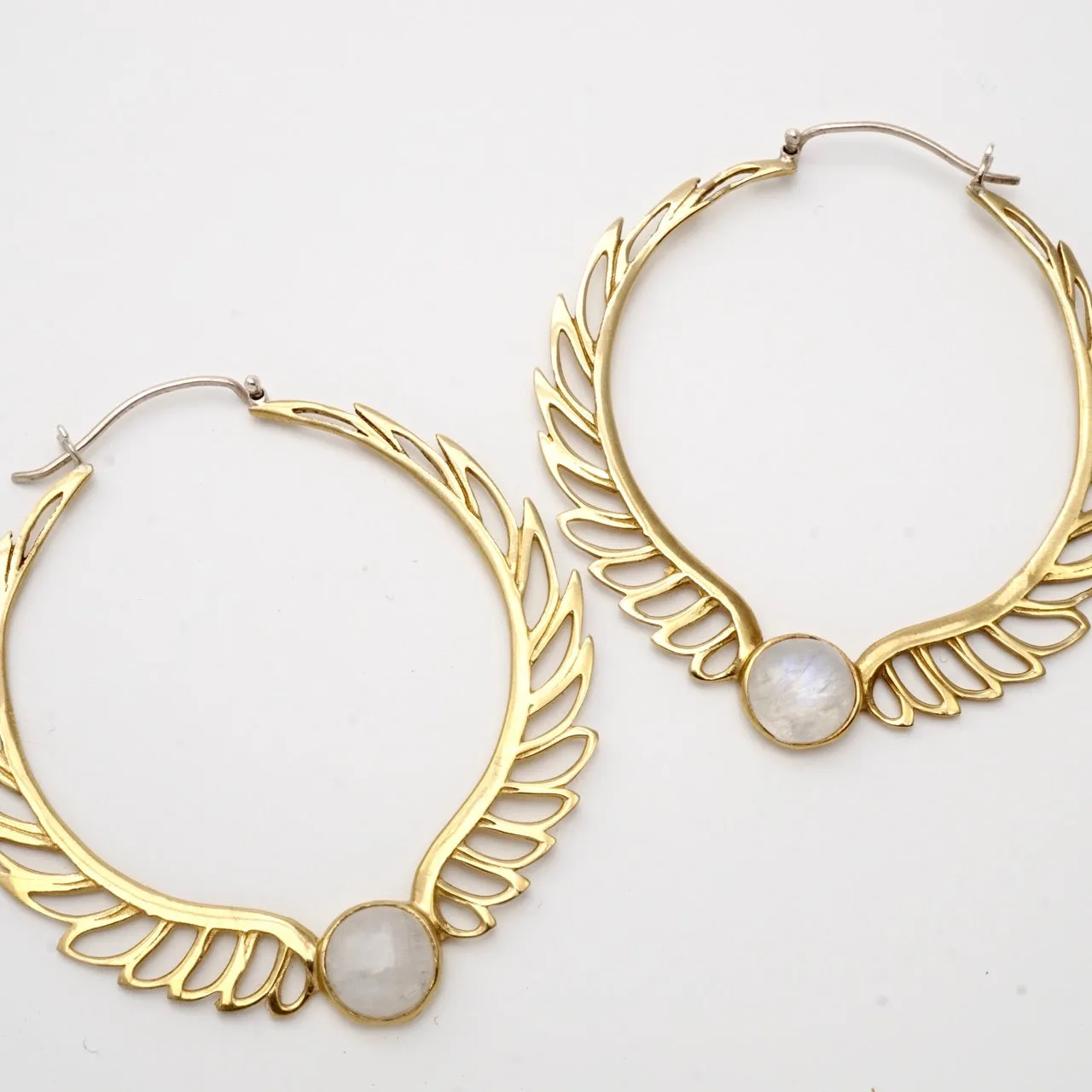 Feather Earrings - Rainbow Moonstone Earrings - Large Tribal Hoops Earrings - Moon Goddess Earrings - Wing Earrings (170B)
