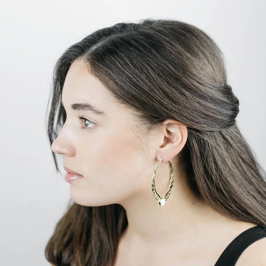 Feather Earrings - Rainbow Moonstone Earrings - Large Tribal Hoops Earrings - Moon Goddess Earrings - Wing Earrings (170B)