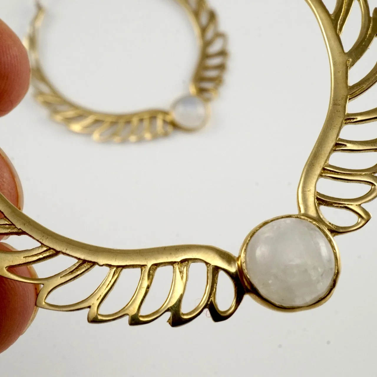 Feather Earrings - Rainbow Moonstone Earrings - Large Tribal Hoops Earrings - Moon Goddess Earrings - Wing Earrings (170B)
