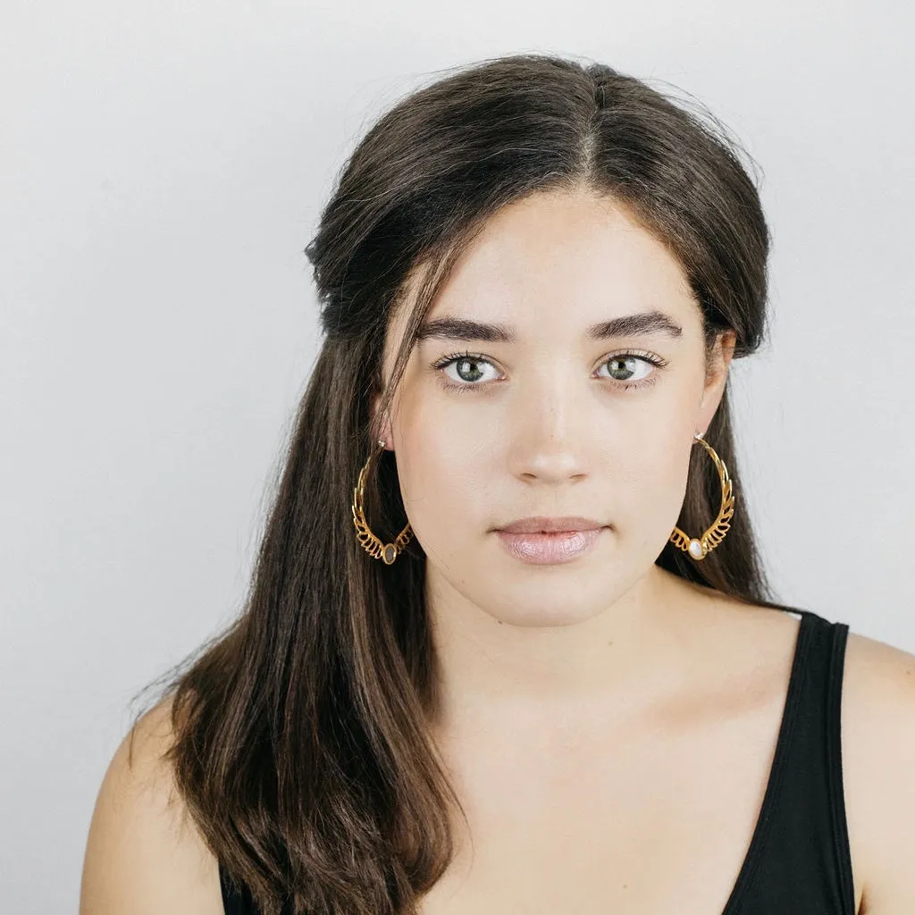 Feather Earrings - Rainbow Moonstone Earrings - Large Tribal Hoops Earrings - Moon Goddess Earrings - Wing Earrings (170B)
