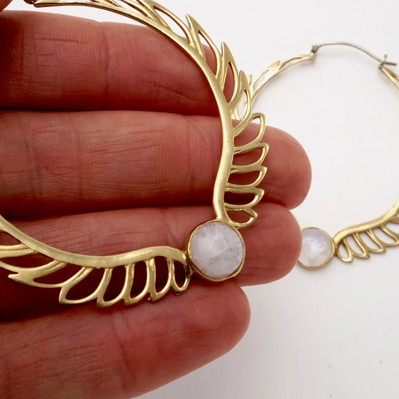 Feather Earrings - Rainbow Moonstone Earrings - Large Tribal Hoops Earrings - Moon Goddess Earrings - Wing Earrings (170B)