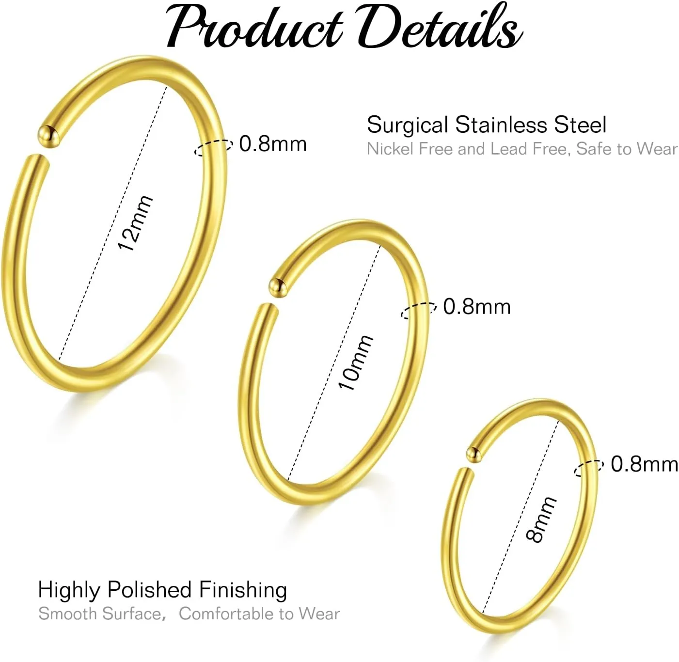 FECTAS Nose Rings Hoops Surgical Steel 18g 20g Gauge 6mm 8mm 10mm 12mm Earrings Piercing Hoops Jewelry for Men Women