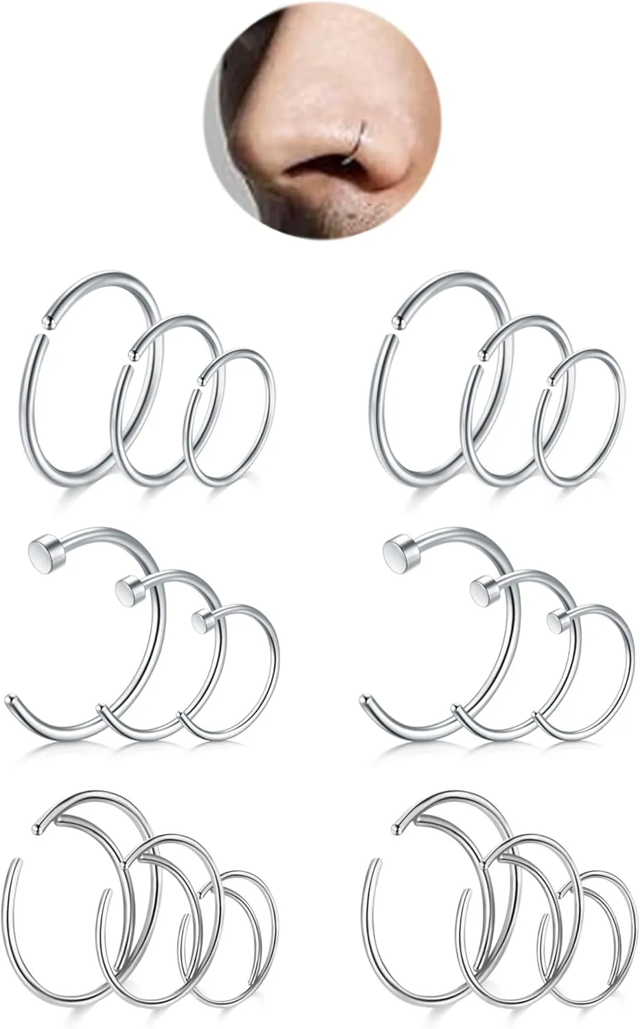 FECTAS Nose Rings Hoops Surgical Steel 18g 20g Gauge 6mm 8mm 10mm 12mm Earrings Piercing Hoops Jewelry for Men Women