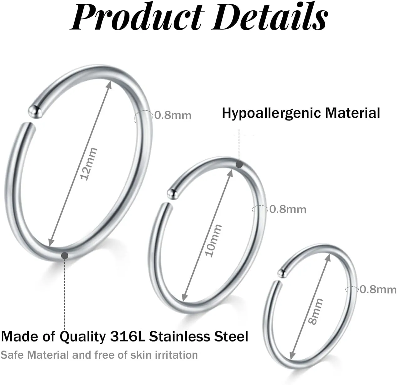 FECTAS Nose Rings Hoops Surgical Steel 18g 20g Gauge 6mm 8mm 10mm 12mm Earrings Piercing Hoops Jewelry for Men Women