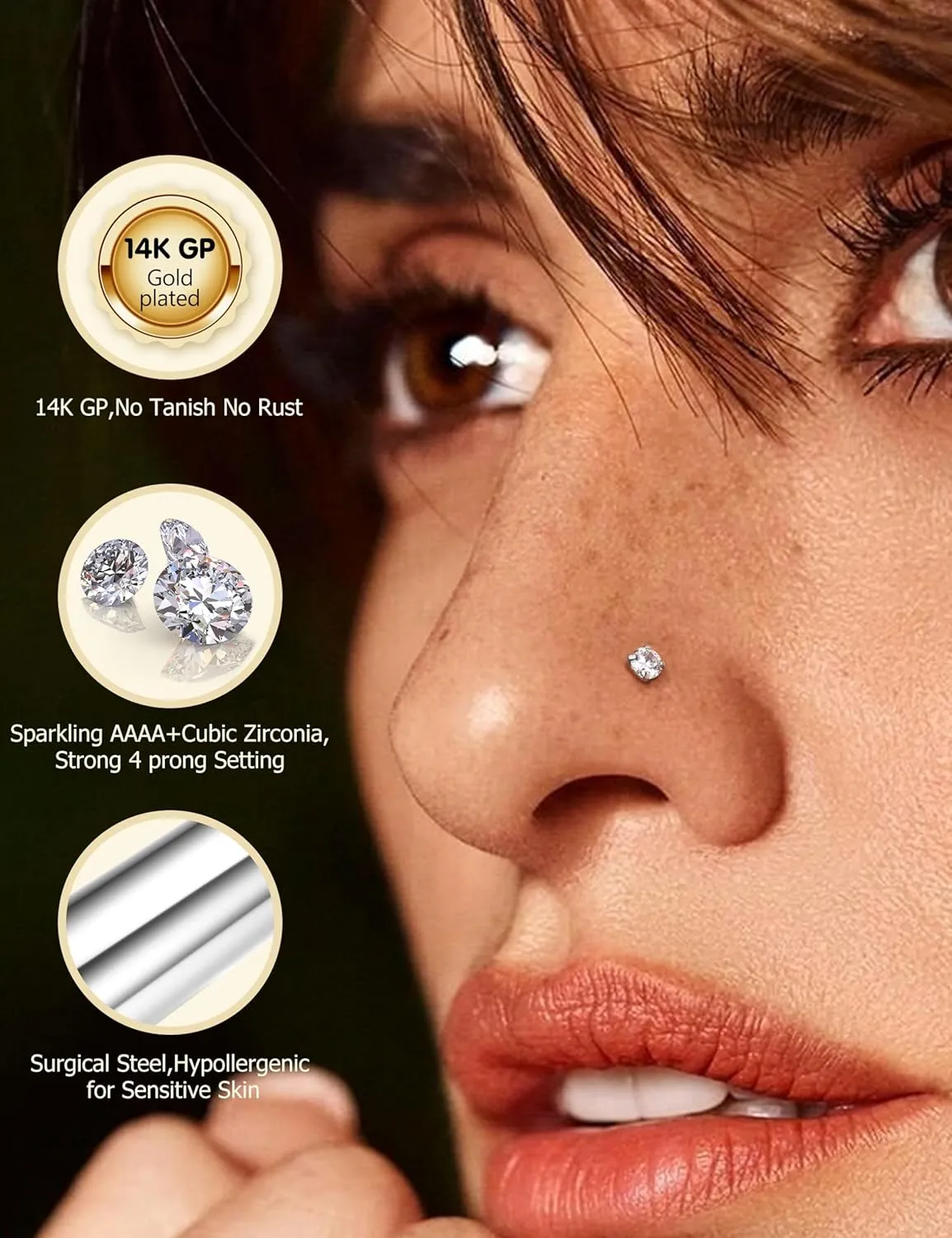 FIBO STEEL 18g 20g Nose Rings Hoops Nose Studs - Hypoallergenic Surgical Steel CZ Nose Stud L Shape Body Nostril Piercing Jewelry for Women Men 14k Gold Plated 20Pcs