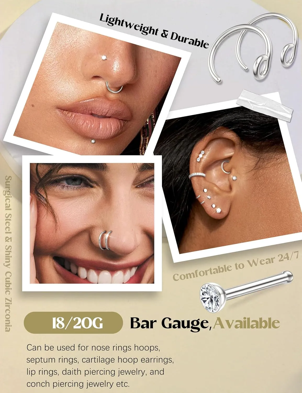 FIBO STEEL 18g 20g Nose Rings Hoops Nose Studs - Hypoallergenic Surgical Steel CZ Nose Stud L Shape Body Nostril Piercing Jewelry for Women Men 14k Gold Plated 20Pcs