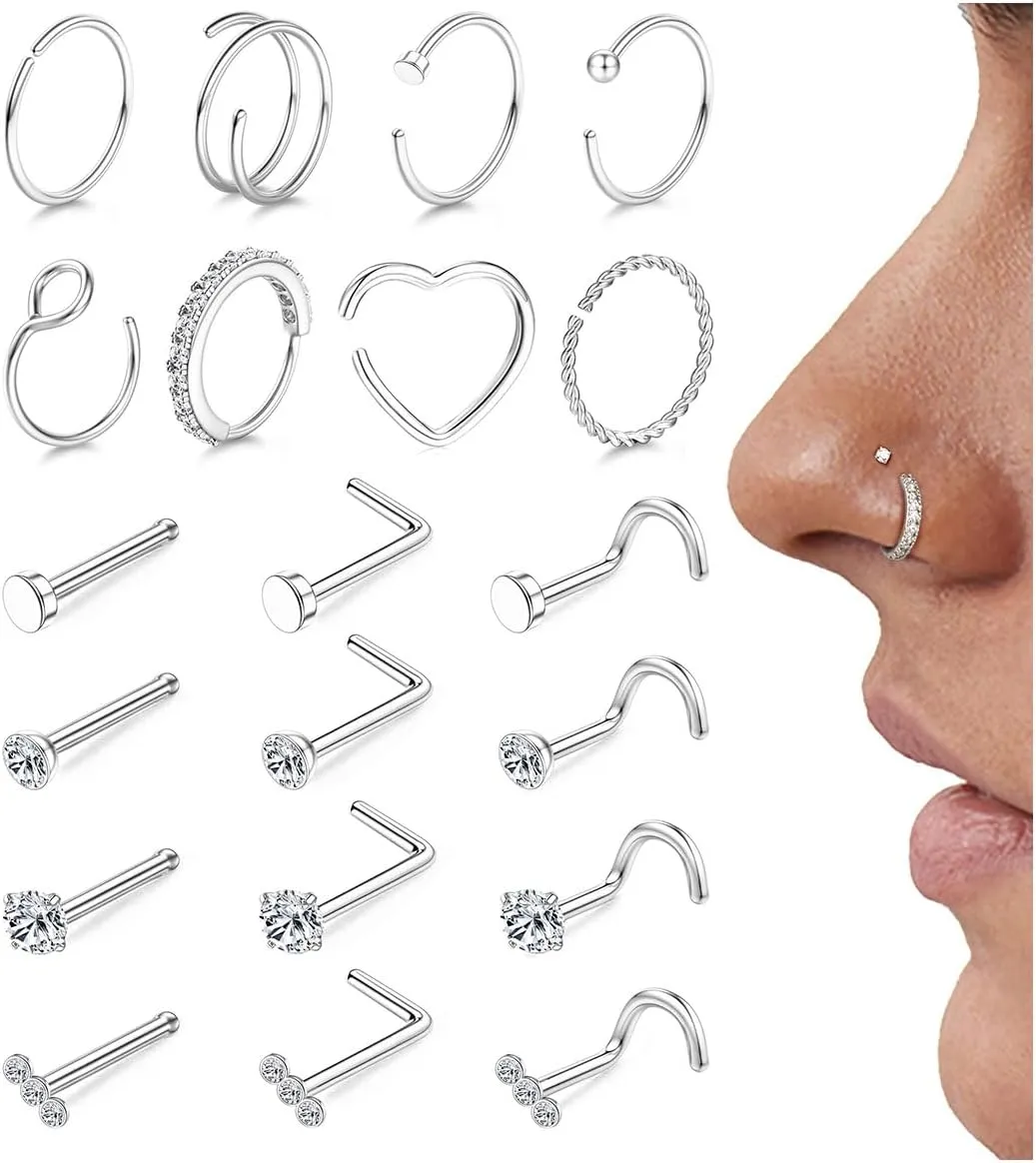 FIBO STEEL 18g 20g Nose Rings Hoops Nose Studs - Hypoallergenic Surgical Steel CZ Nose Stud L Shape Body Nostril Piercing Jewelry for Women Men 14k Gold Plated 20Pcs