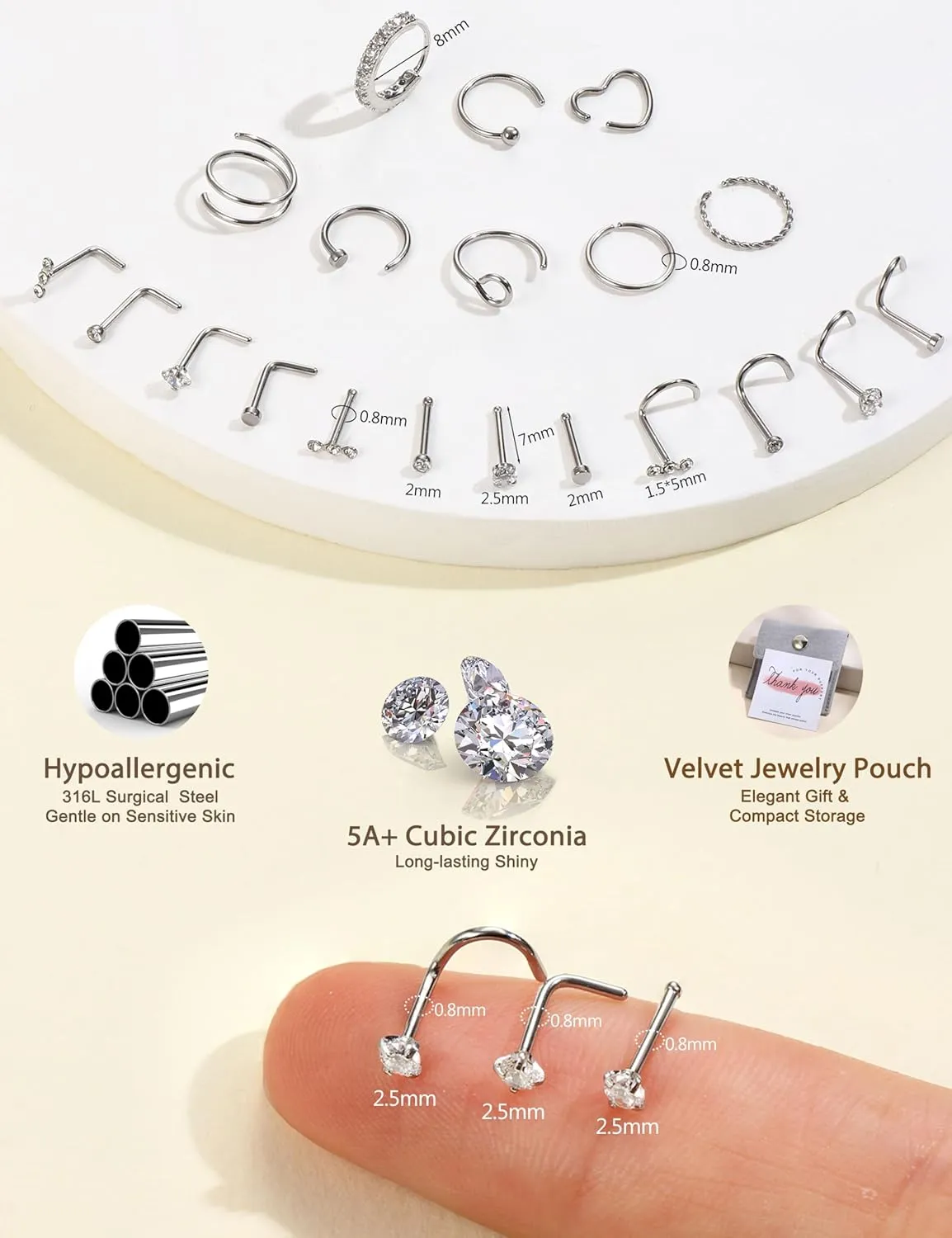 FIBO STEEL 18g 20g Nose Rings Hoops Nose Studs - Hypoallergenic Surgical Steel CZ Nose Stud L Shape Body Nostril Piercing Jewelry for Women Men 14k Gold Plated 20Pcs