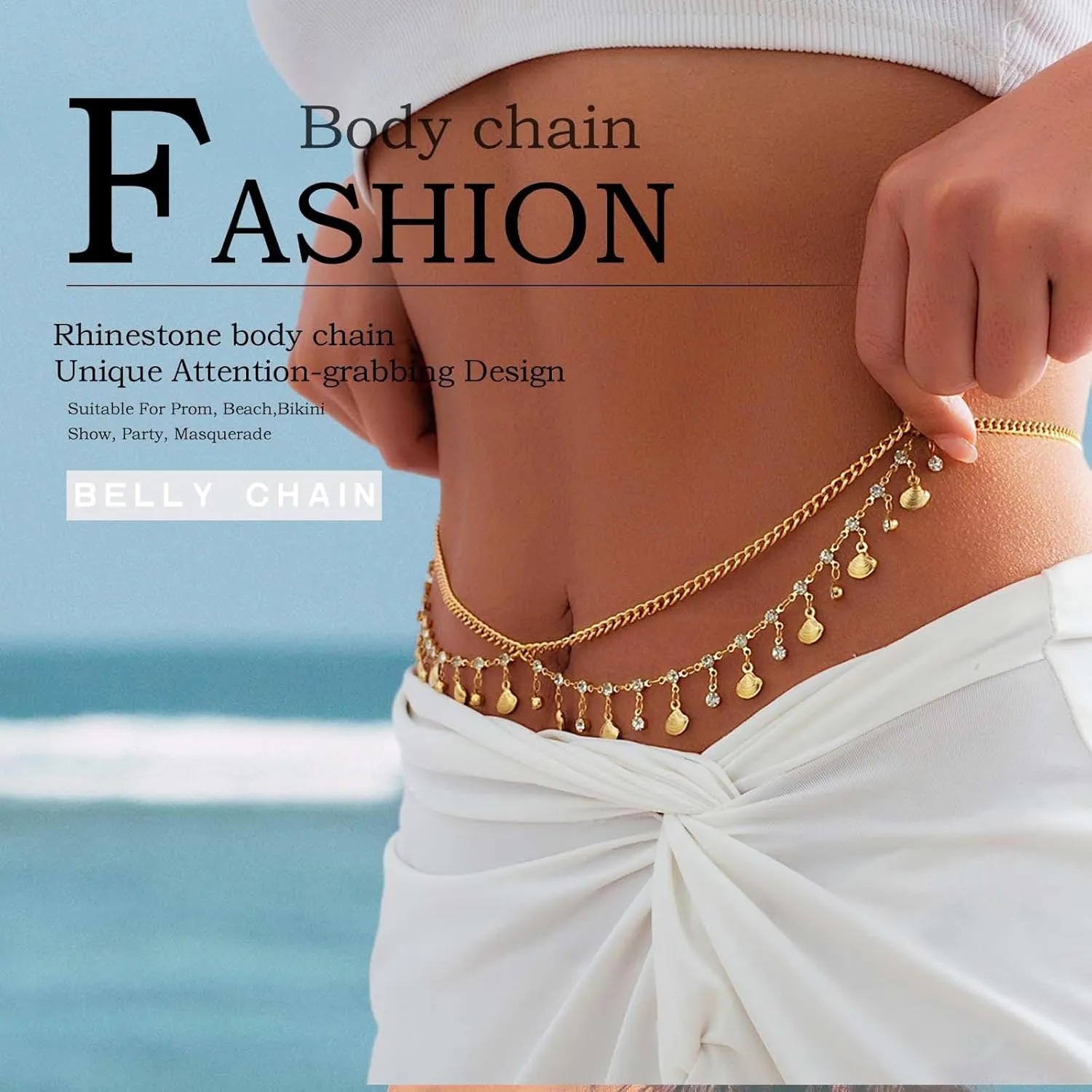 Florry Rhinestone Belly Chain Sequin Waist Chain Bikini Body Jewelry Chains Beach Belly Chain for the Waist Tassel Layered 18K Gold Body Chains for Women and Girls
