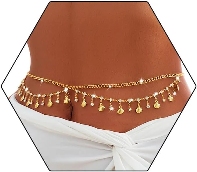 Florry Rhinestone Belly Chain Sequin Waist Chain Bikini Body Jewelry Chains Beach Belly Chain for the Waist Tassel Layered 18K Gold Body Chains for Women and Girls