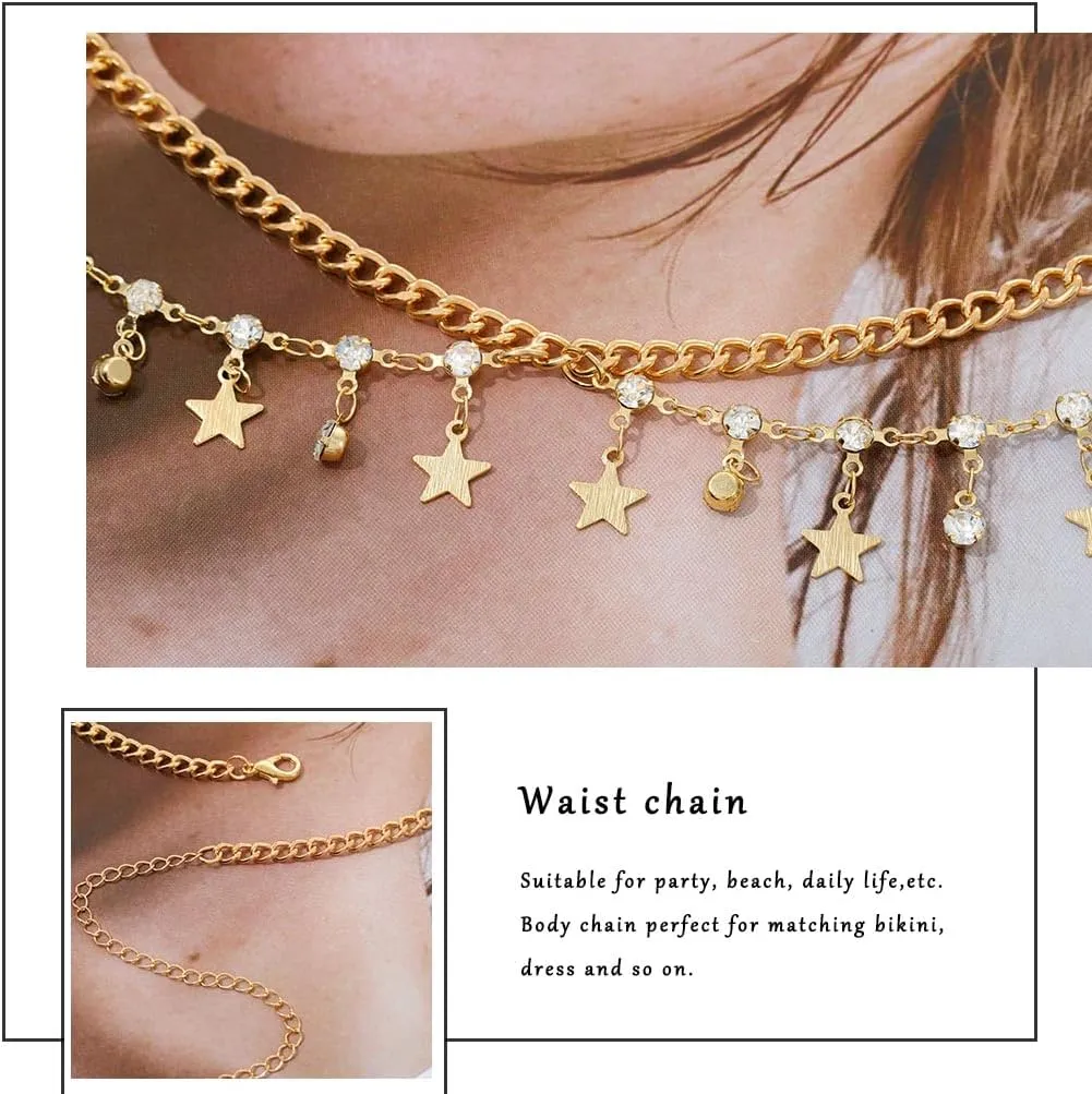 Florry Rhinestone Belly Chain Sequin Waist Chain Bikini Body Jewelry Chains Beach Belly Chain for the Waist Tassel Layered 18K Gold Body Chains for Women and Girls