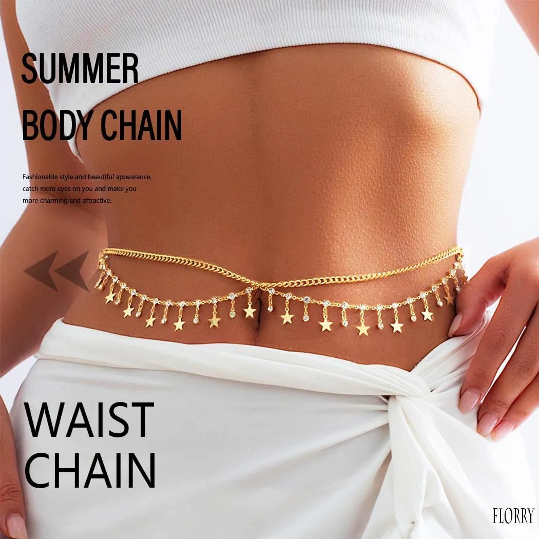 Florry Rhinestone Belly Chain Sequin Waist Chain Bikini Body Jewelry Chains Beach Belly Chain for the Waist Tassel Layered 18K Gold Body Chains for Women and Girls