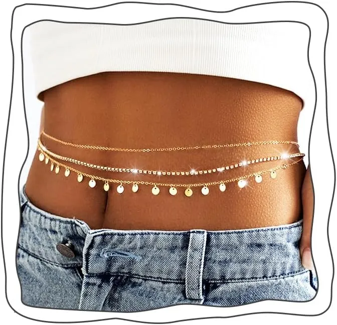 Florry Sequins Waist Chain Star Rhinestone Belly Chain Beach Bikini Belly Chains for the Waist 18K Gold Plated Layered Waist Chains Sexy Body Jewelry Chains for Women and Girls 3Pcs