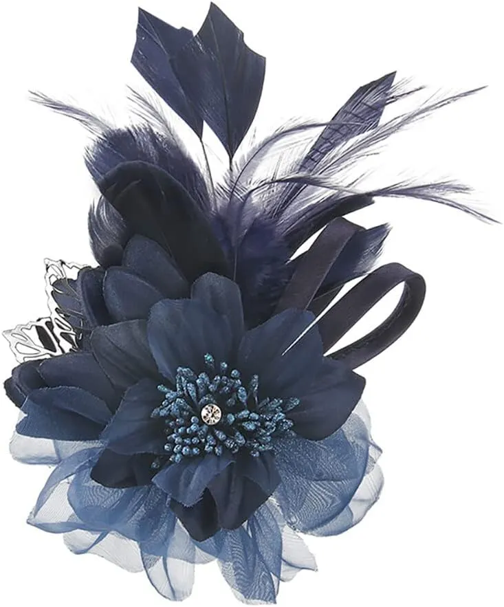 Flower Brooch Feather Brooch Corsage Brooch Silk Floral Hairpin Cloth Hair Clip Suit Women Girl Evening Dress Headdress Brooch Hair Accessories Banquet Wedding Clothing Decoration (Blue)