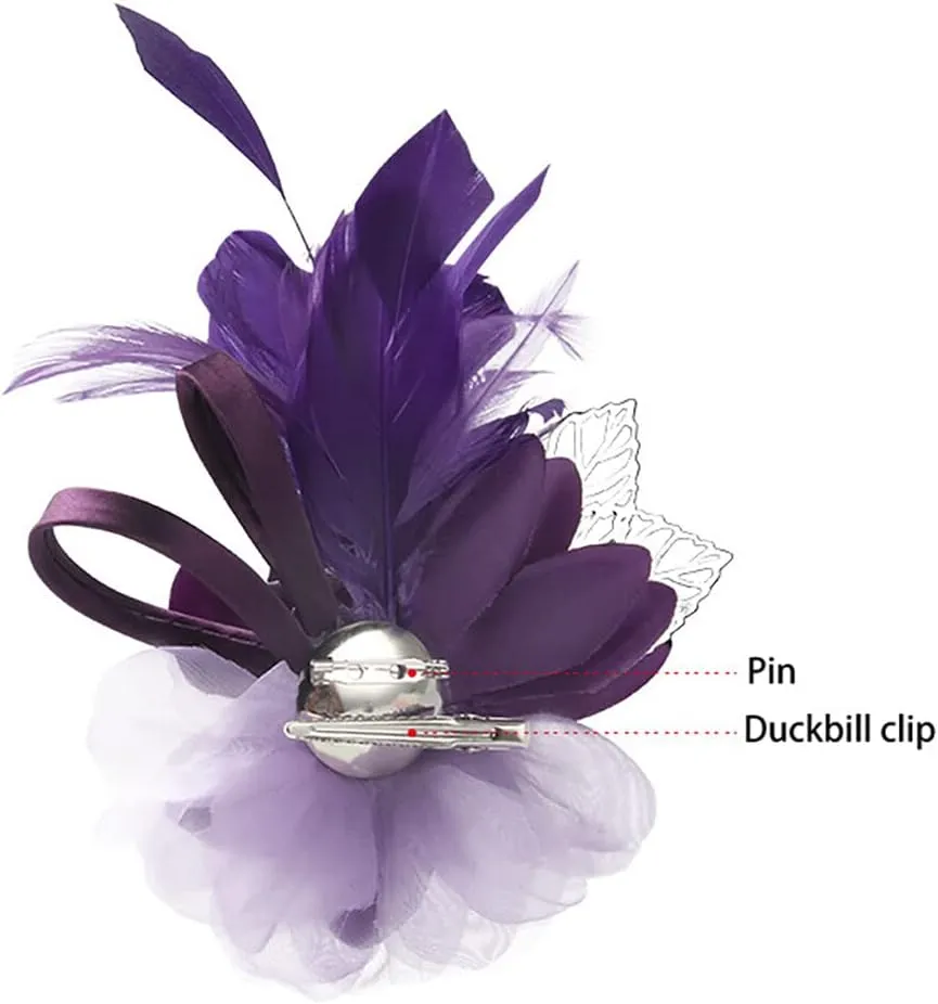 Flower Brooch Feather Brooch Corsage Brooch Silk Floral Hairpin Cloth Hair Clip Suit Women Girl Evening Dress Headdress Brooch Hair Accessories Banquet Wedding Clothing Decoration (Blue)