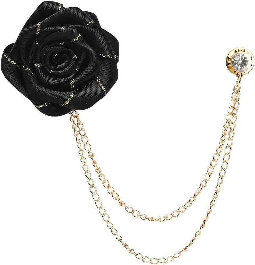 Flower Brooch for Men Red Rose Lapel Pins for Bridegroom Wedding Suits Black White Brooches with Gold Tassel Chain