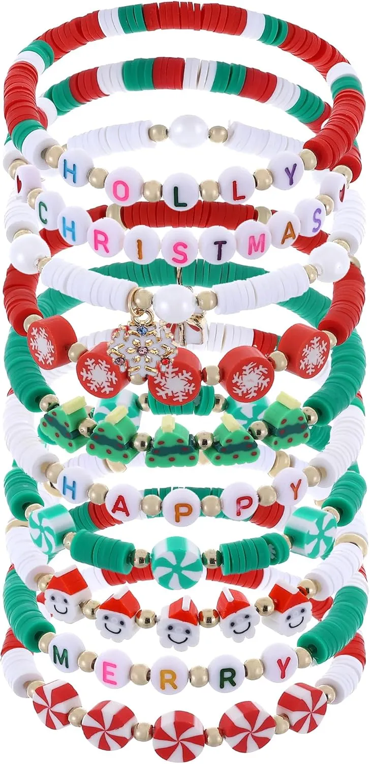     for Women Teen Girls St.Patrick's Day Valentine's Day Christmas Breast Cancer Bracelets Stackable Polymer Clay Beads Bracelets Friendship Boho Bracelets Jewelry Set