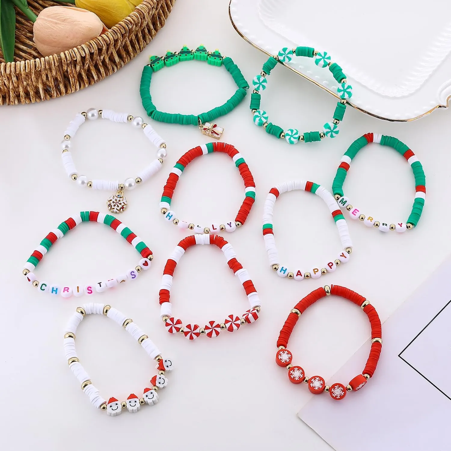     for Women Teen Girls St.Patrick's Day Valentine's Day Christmas Breast Cancer Bracelets Stackable Polymer Clay Beads Bracelets Friendship Boho Bracelets Jewelry Set