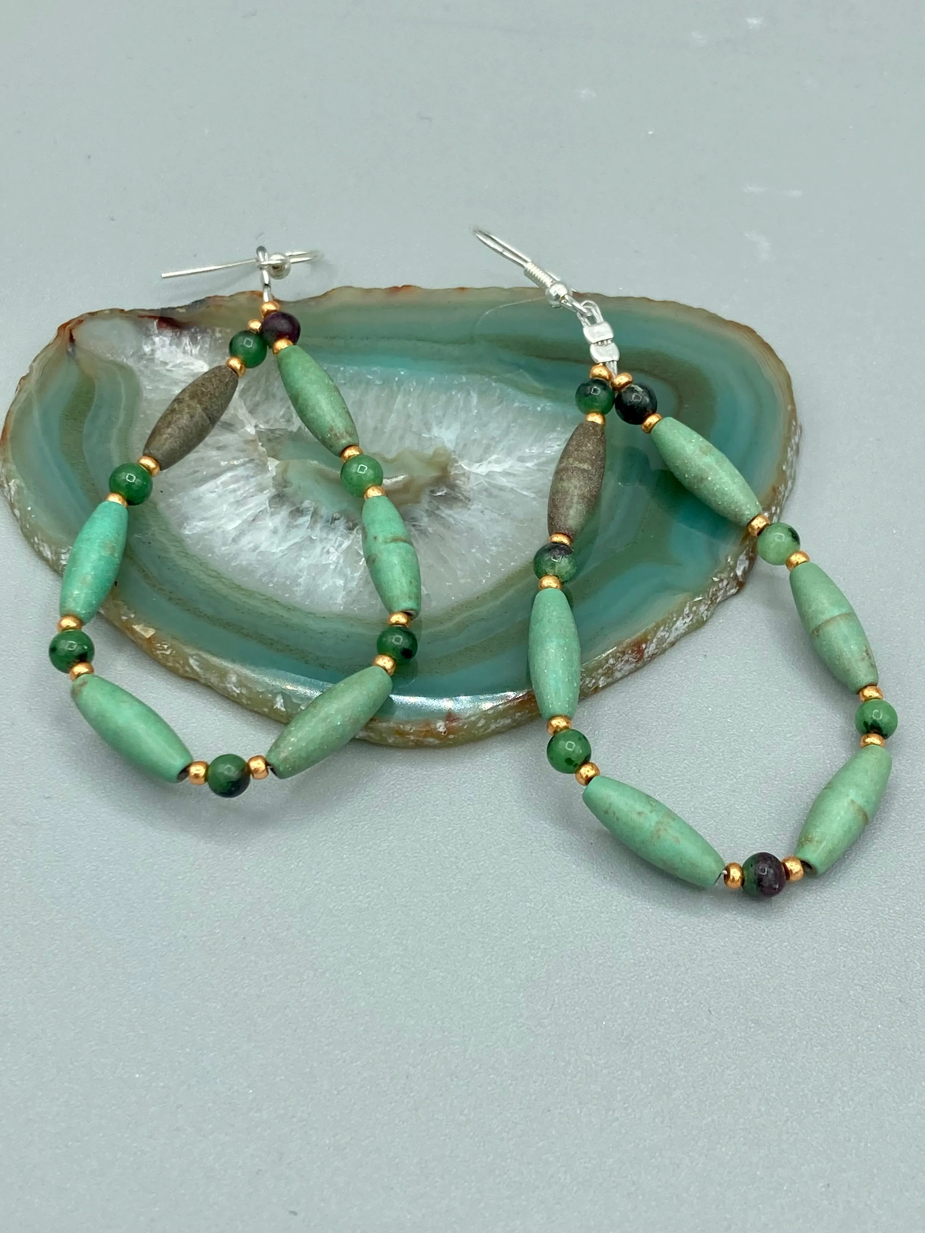Forest Green Magnesite And Ruby Zoisite Stone Beaded Earrings, Hippie Vibe, Shabby Chic, Boho Chic, Nature Inspired, Bohemian