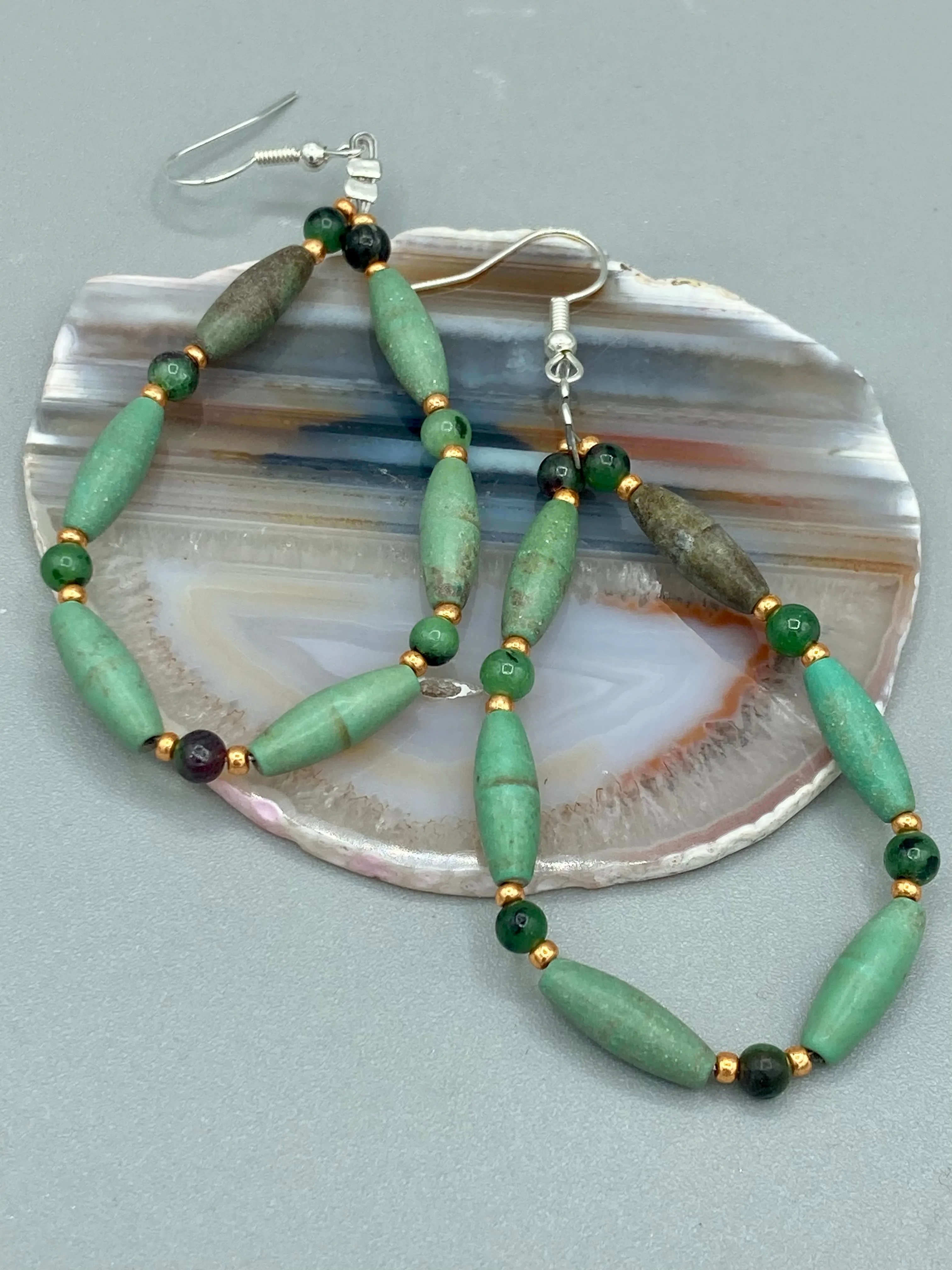 Forest Green Magnesite And Ruby Zoisite Stone Beaded Earrings, Hippie Vibe, Shabby Chic, Boho Chic, Nature Inspired, Bohemian