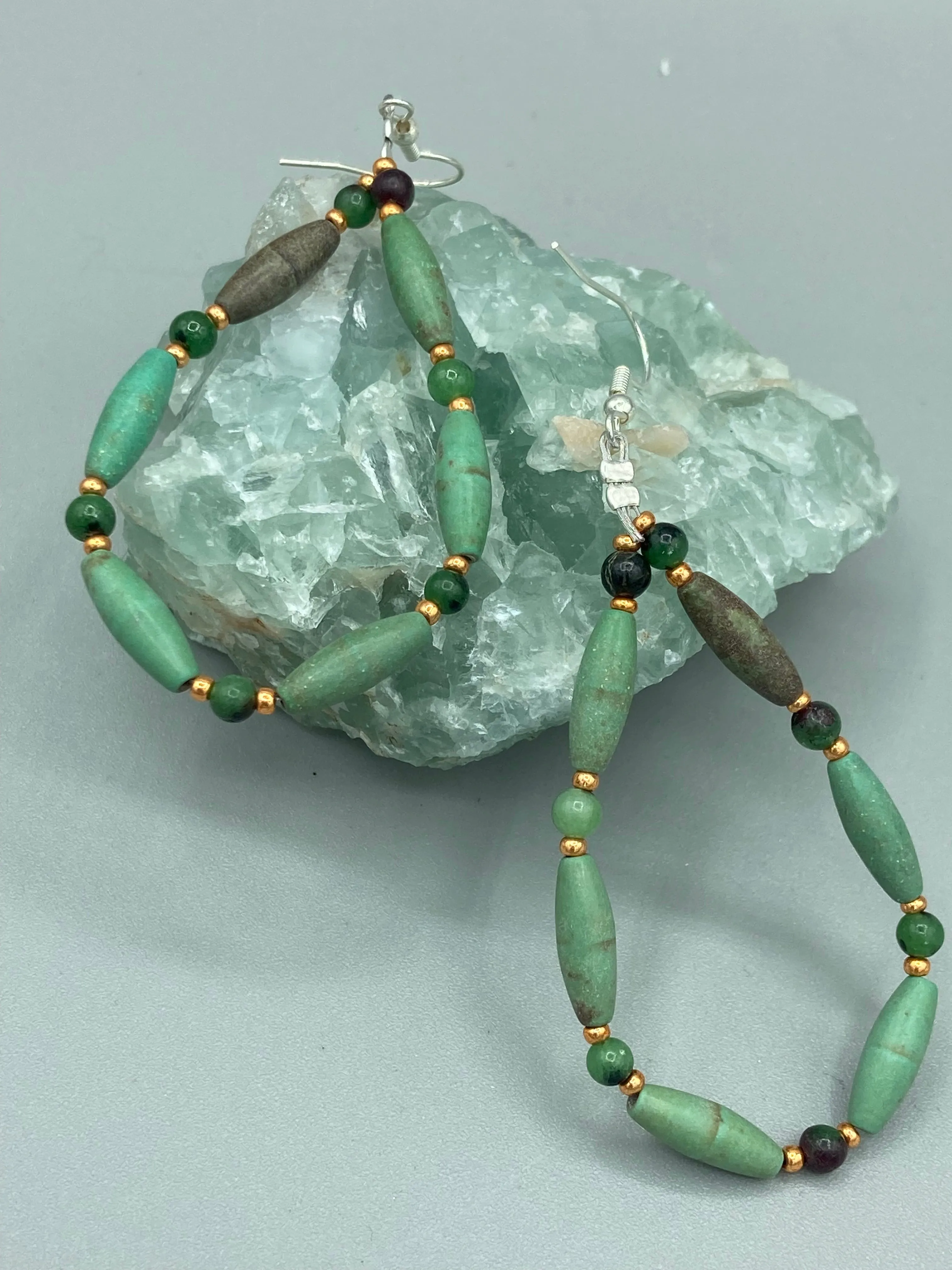 Forest Green Magnesite And Ruby Zoisite Stone Beaded Earrings, Hippie Vibe, Shabby Chic, Boho Chic, Nature Inspired, Bohemian