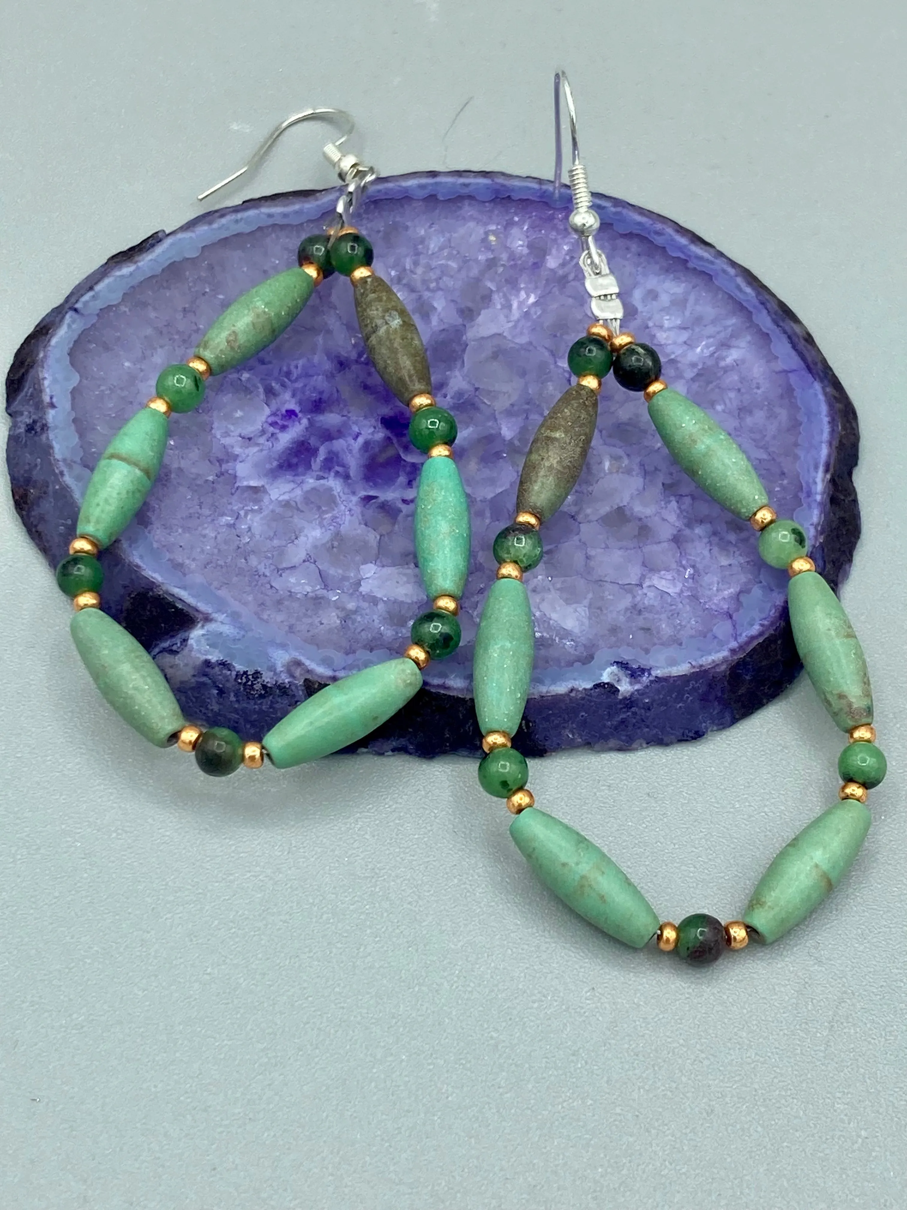 Forest Green Magnesite And Ruby Zoisite Stone Beaded Earrings, Hippie Vibe, Shabby Chic, Boho Chic, Nature Inspired, Bohemian
