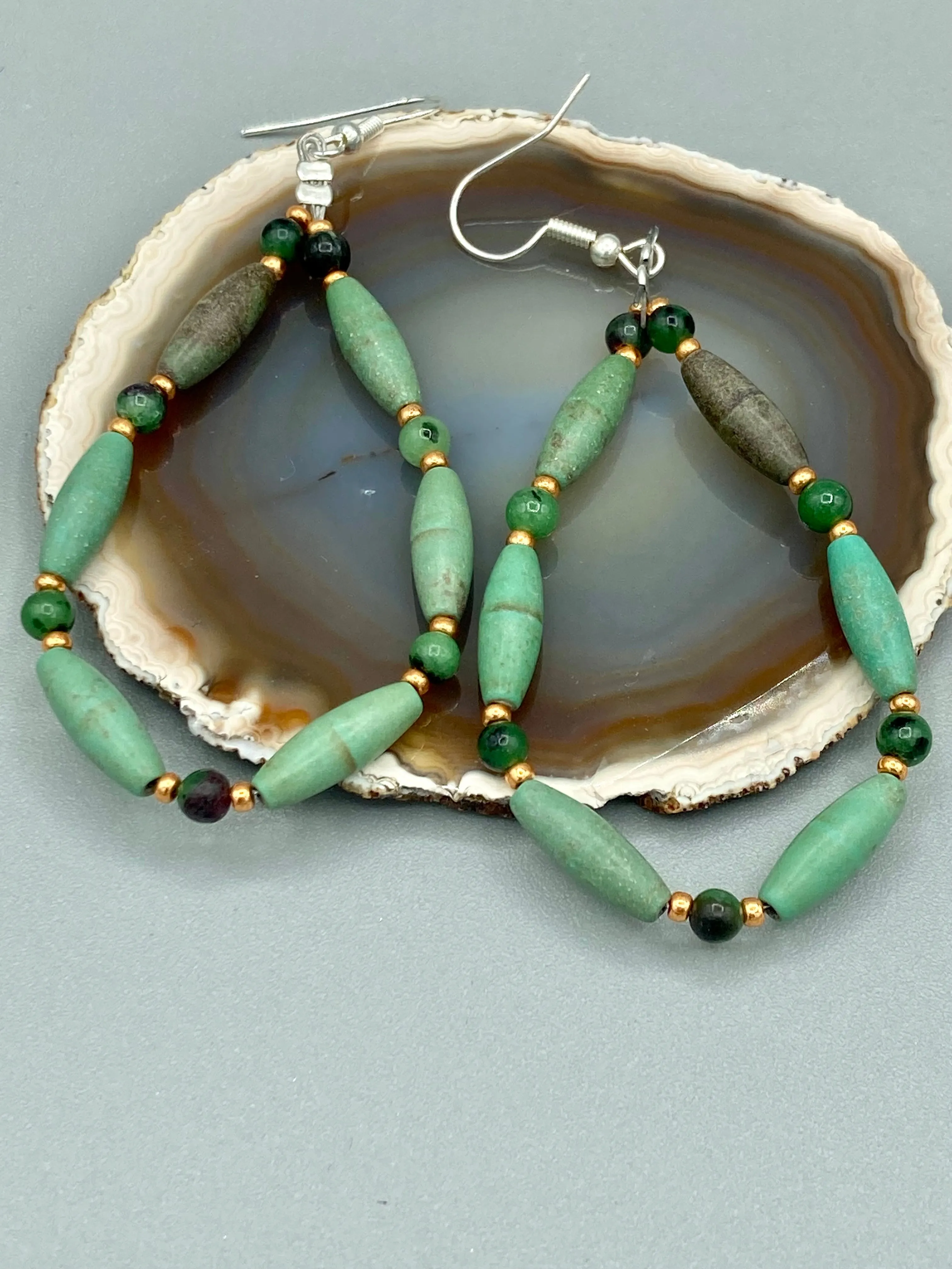 Forest Green Magnesite And Ruby Zoisite Stone Beaded Earrings, Hippie Vibe, Shabby Chic, Boho Chic, Nature Inspired, Bohemian