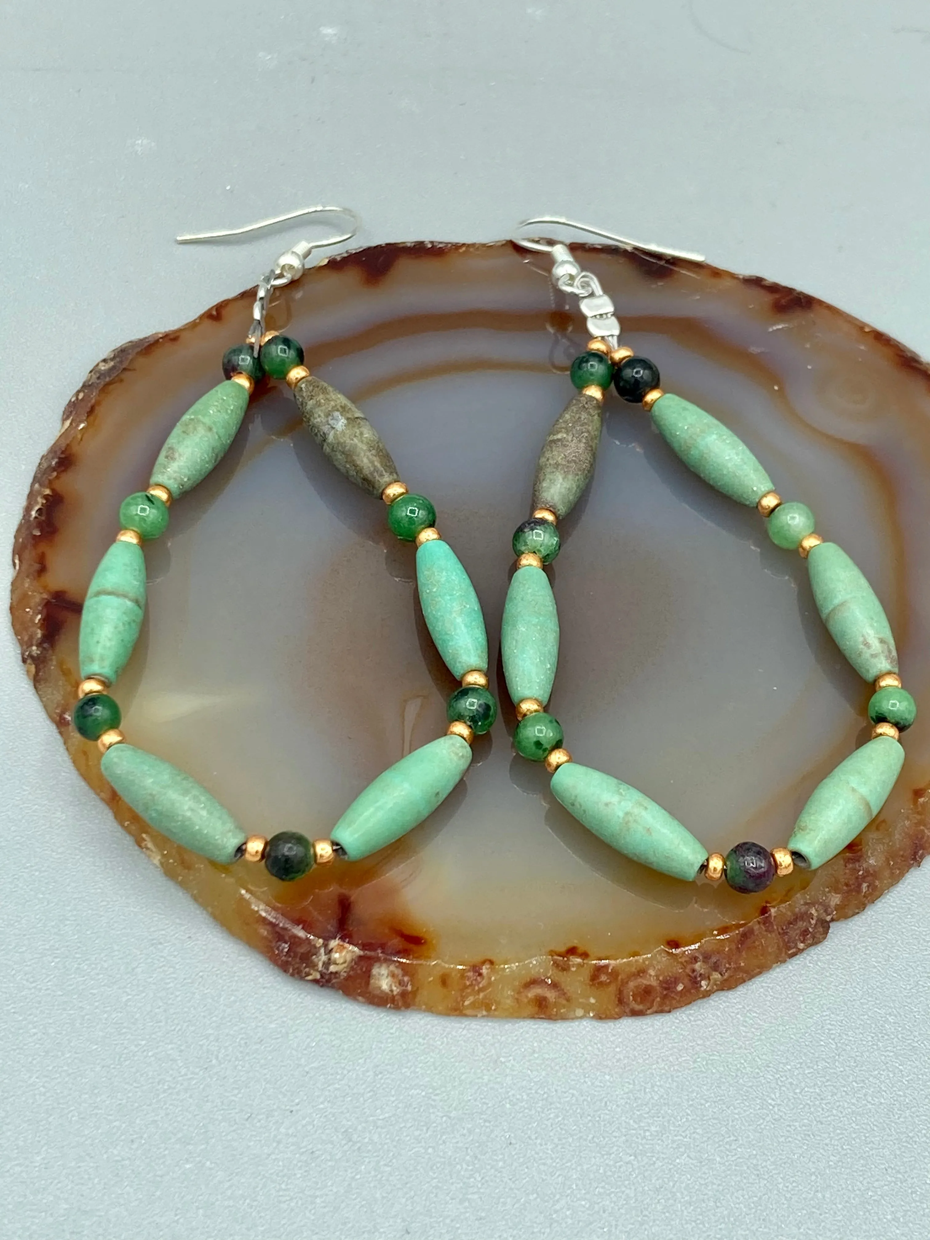 Forest Green Magnesite And Ruby Zoisite Stone Beaded Earrings, Hippie Vibe, Shabby Chic, Boho Chic, Nature Inspired, Bohemian