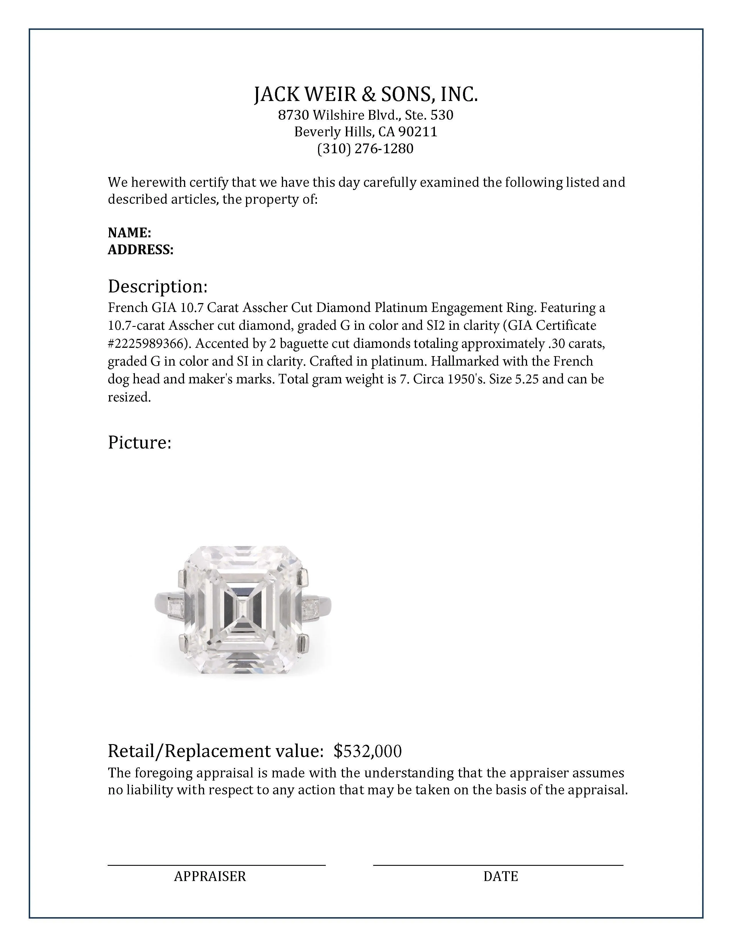 French GIA 10.7 Carat Asscher Cut Diamond Platinum Engagement Ring