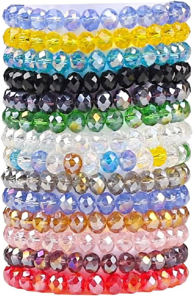 Fuqimanman2020 14pcs Faceted Glass Crystal Beaded Stretch Bracelets Set Strand Stackable Versatile Beads Elastic 6mm Stacking for Women Handmade Multicolor Jewelry