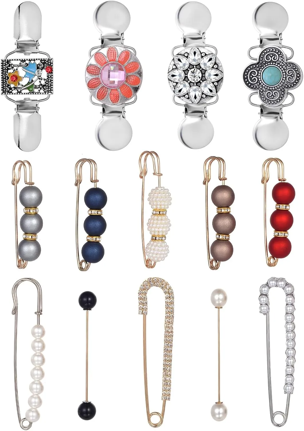 Fxiqini 14Pcs Faux Pearls Brooch Pins Sweater Shawl Cardigan Clips Rhinestones Collar Waist Pants Dress Tightener Safety Pins for Women