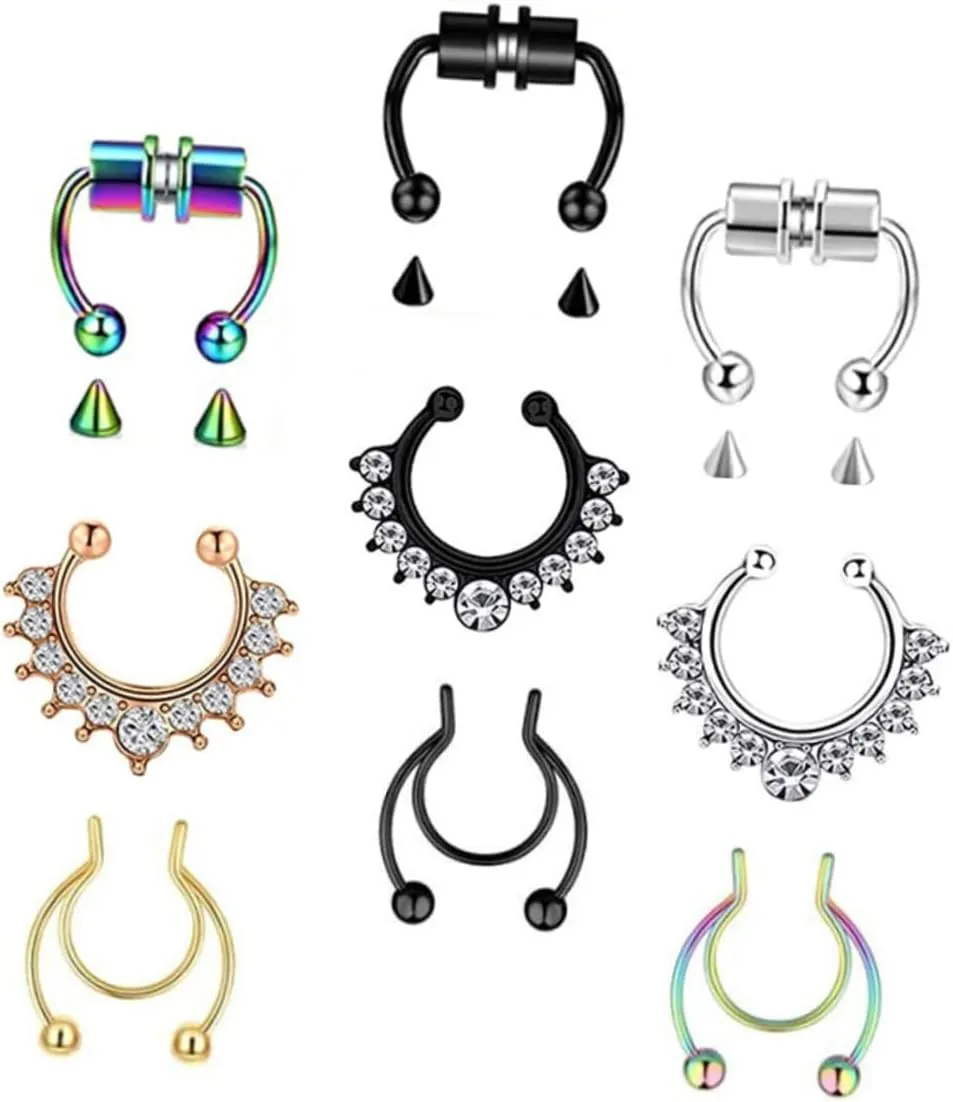Gatuida 9Pcs Fake Nose Rings for Women Rhinestone Nose Clips Non Pierced Comfortable Jewelry for Fashion and Makeup Skin Friendly Design Easy to Wear