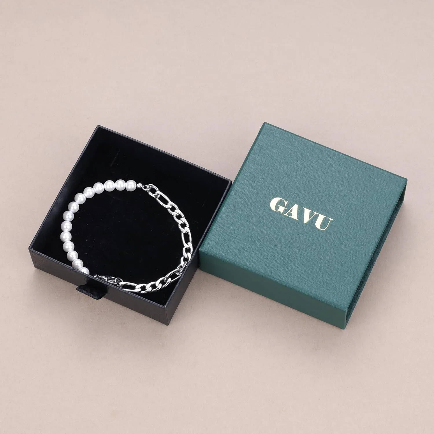 GAVU Men's Pearl Bracelet, Silver Bracelet Figaro Chain Bracelet for Men, Pearl Beaded Bracelet for Men