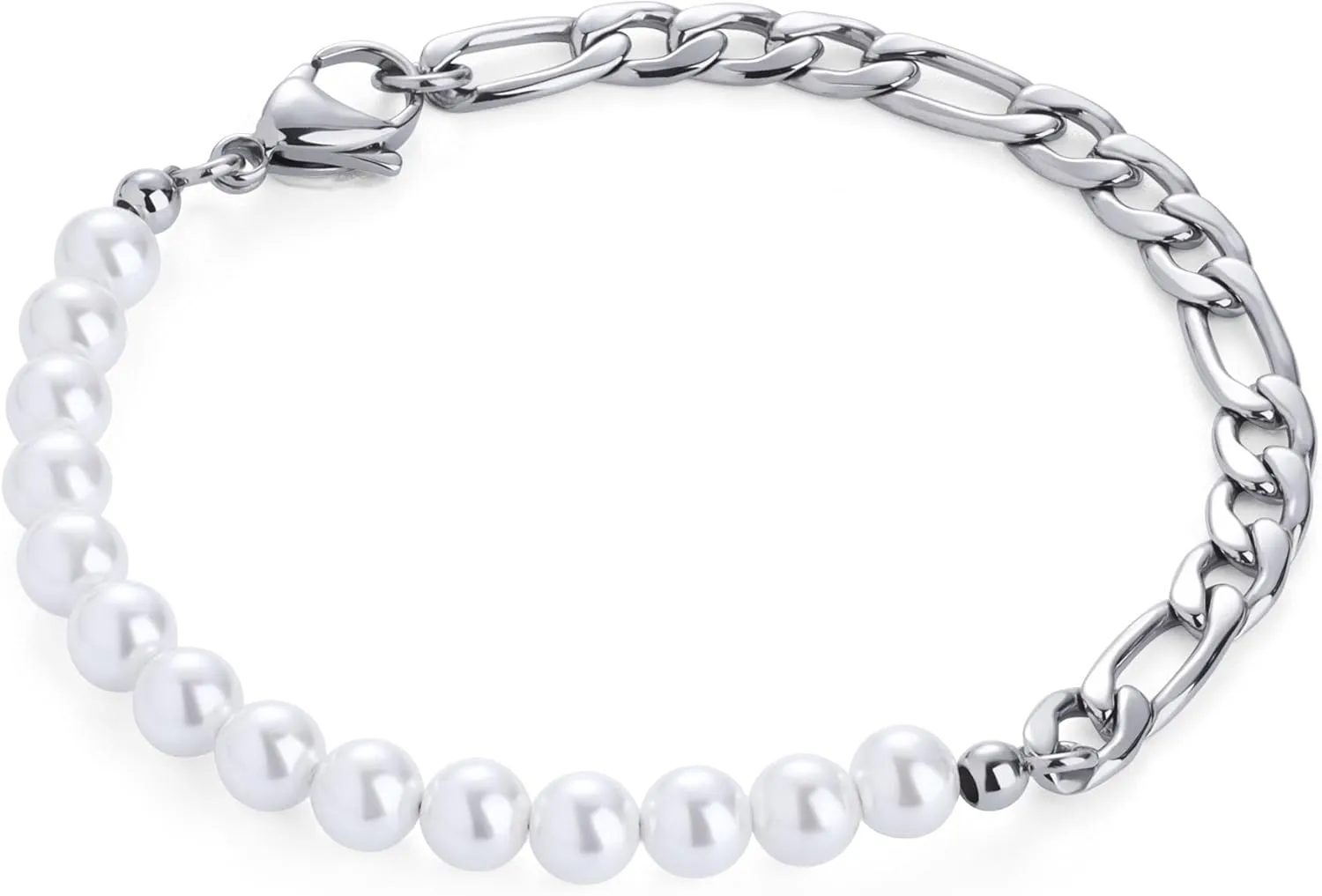 GAVU Men's Pearl Bracelet, Silver Bracelet Figaro Chain Bracelet for Men, Pearl Beaded Bracelet for Men