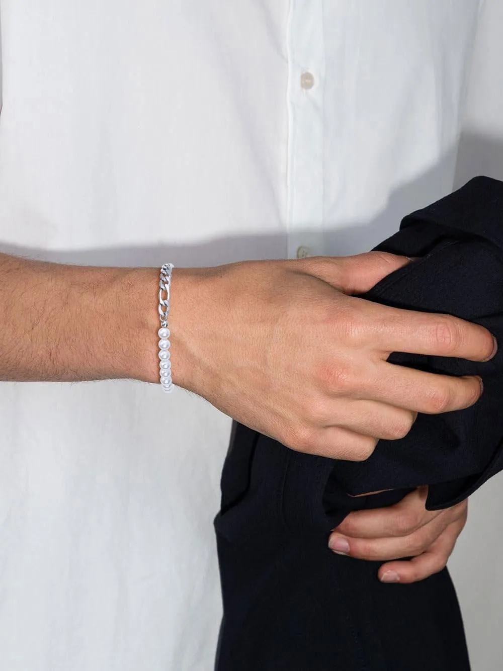 GAVU Men's Pearl Bracelet, Silver Bracelet Figaro Chain Bracelet for Men, Pearl Beaded Bracelet for Men