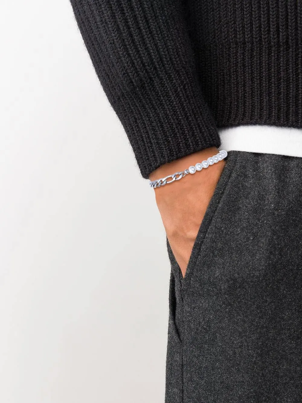 GAVU Men's Pearl Bracelet, Silver Bracelet Figaro Chain Bracelet for Men, Pearl Beaded Bracelet for Men