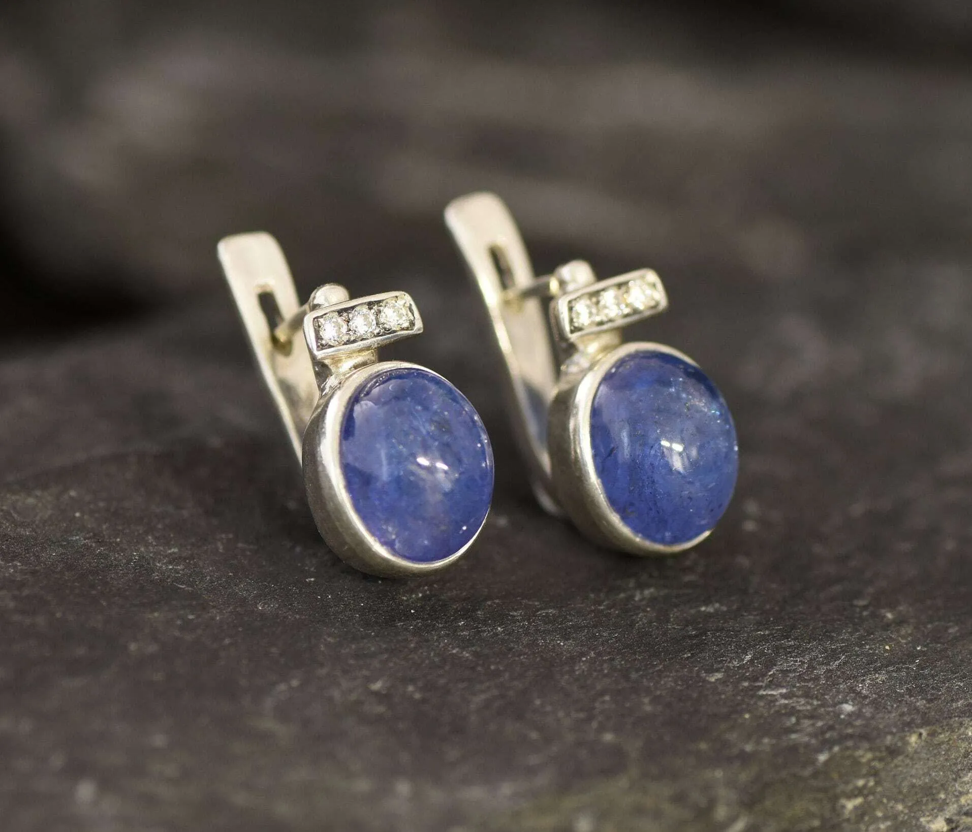 Genuine Tanzanite Earrings - Large Blue Studs - Vintage Oval Earrings