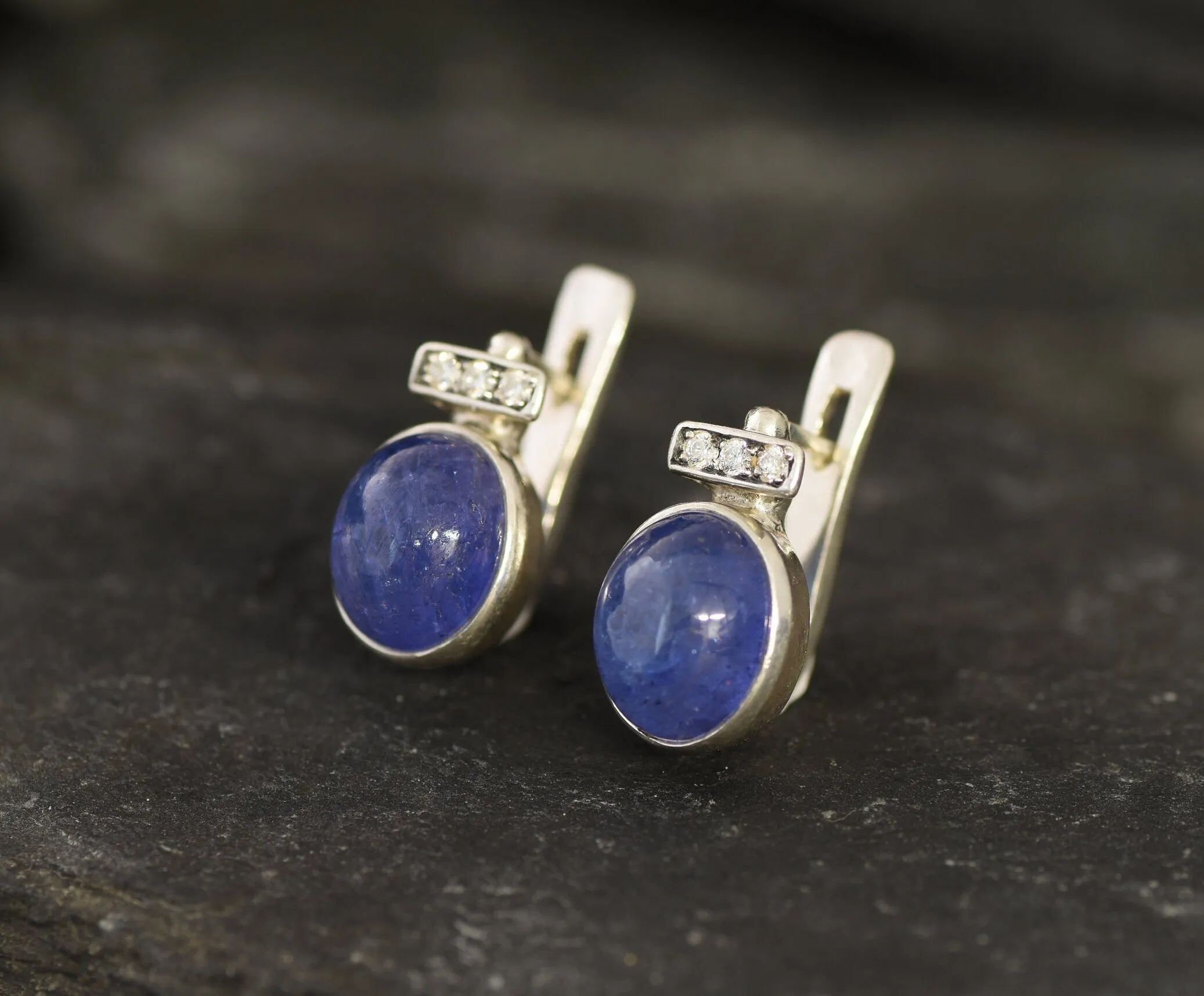 Genuine Tanzanite Earrings - Large Blue Studs - Vintage Oval Earrings