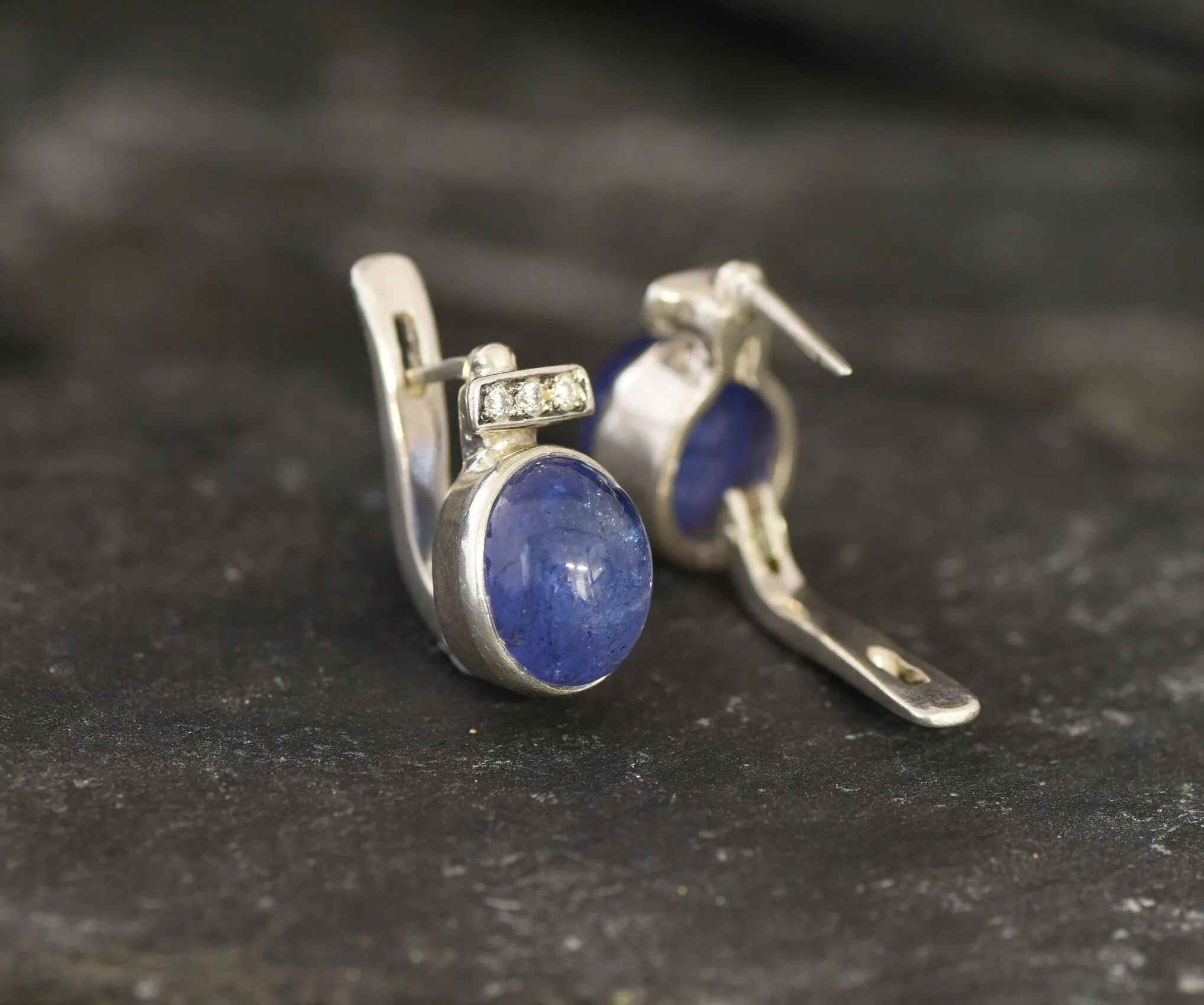 Genuine Tanzanite Earrings - Large Blue Studs - Vintage Oval Earrings