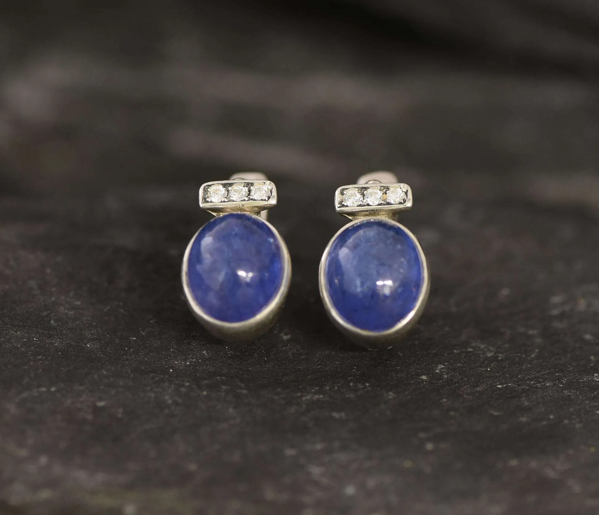 Genuine Tanzanite Earrings - Large Blue Studs - Vintage Oval Earrings