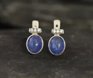 Genuine Tanzanite Earrings - Large Blue Studs - Vintage Oval Earrings