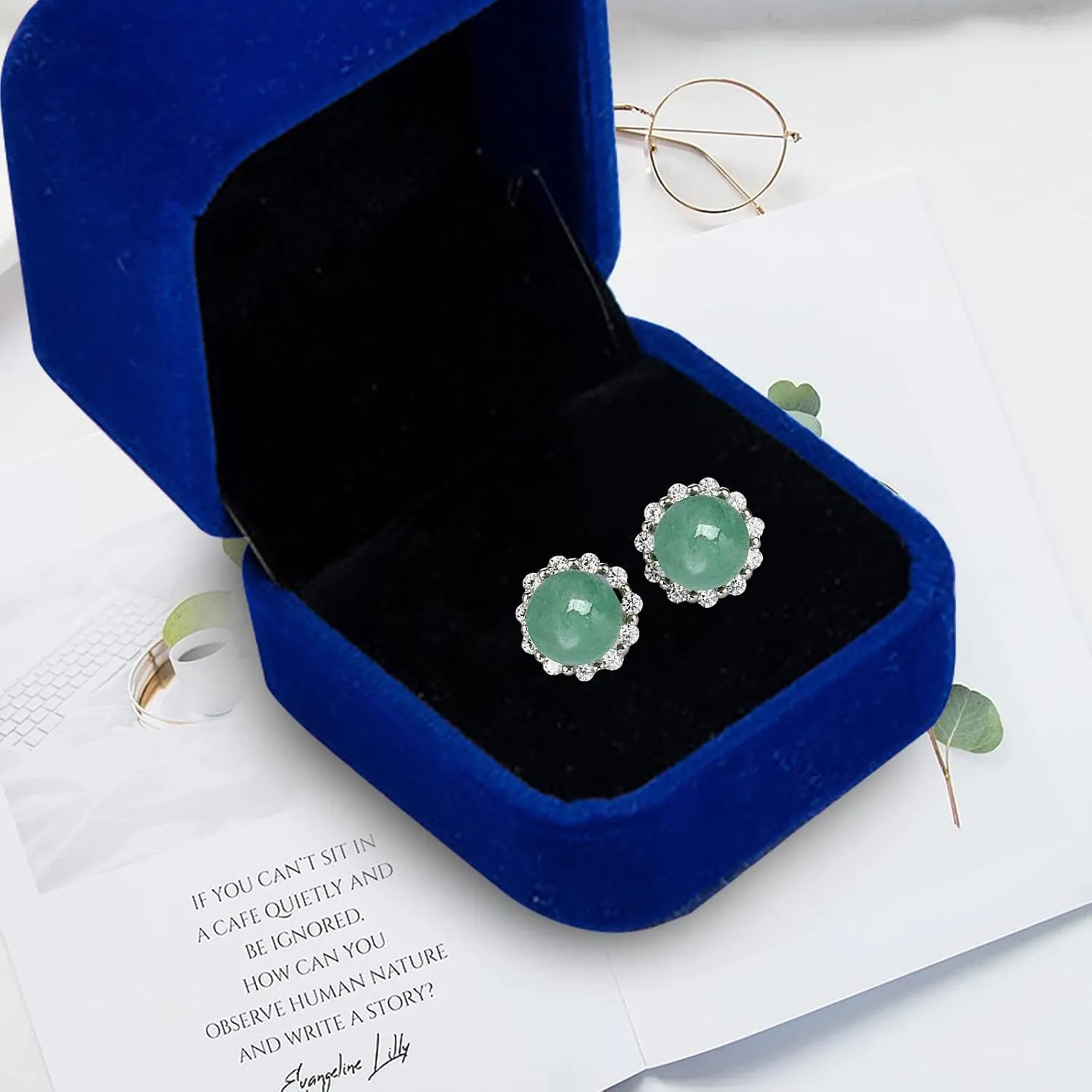 GLLBTPT Jade Earrings Studs 925 Sterling Silver Earrings Studs for Women,Diamond Round Stud Earrings for Sensitive Ears,Handmade Jade Earrings for Birthday Anniversary (silver, circular drill)