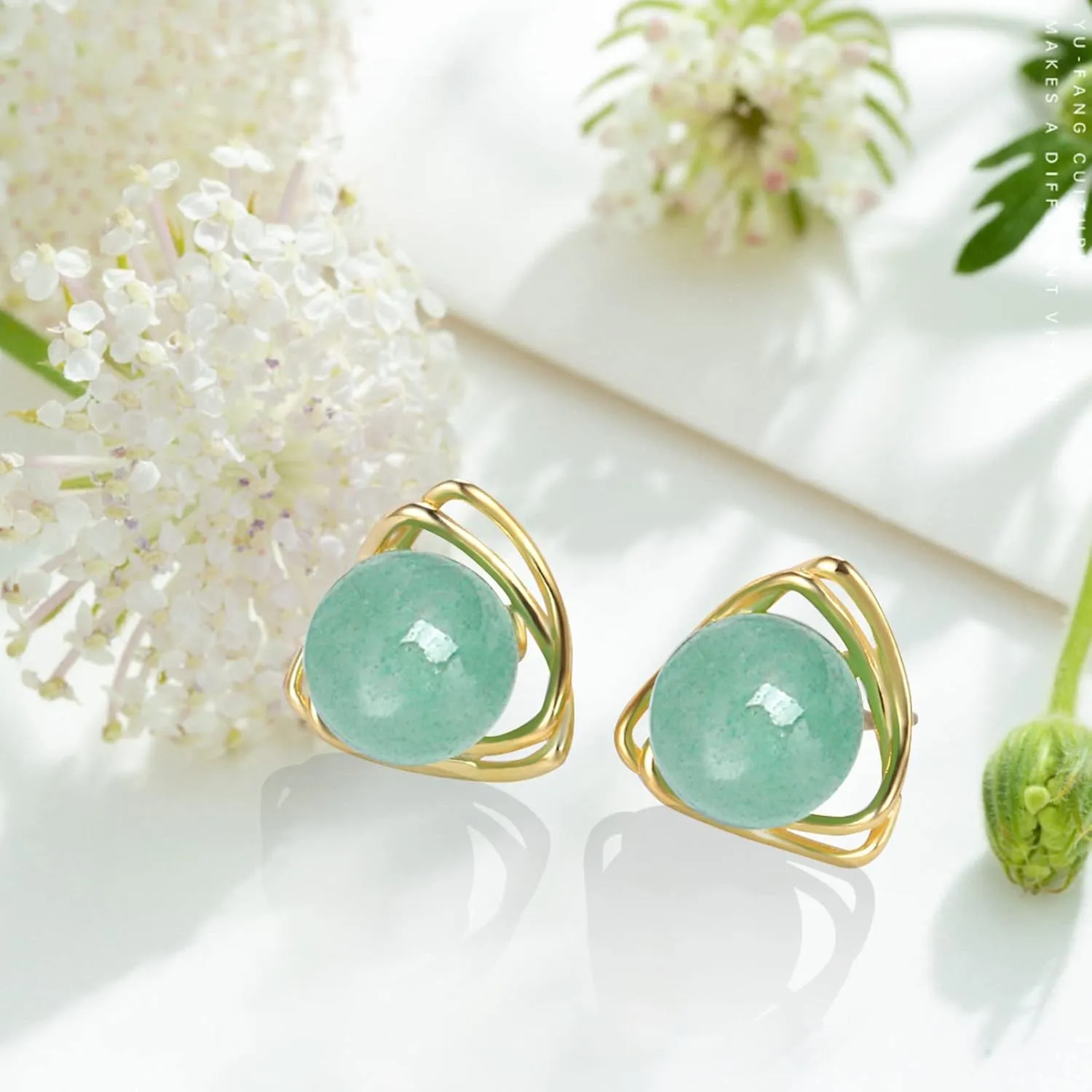 GLLBTPT Jade Earrings Studs,Green Jade Earrings for Women,925 Sterling Silver Earrings Studs for Sensitive Ears,Handmade Jade Earrings for Birthday Anniversary (gold, double triangle)