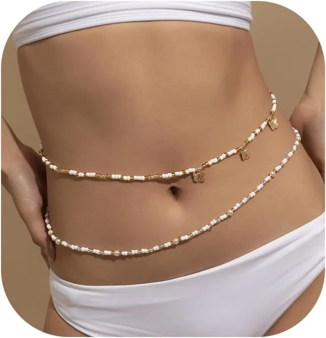 Gold Beads Waist Chains Jewelry Set Sexy Summer Beach Adjustable Beaded Waist Body Chain Jewelry Bikini Butterfly Pendant Belly Chain for Women