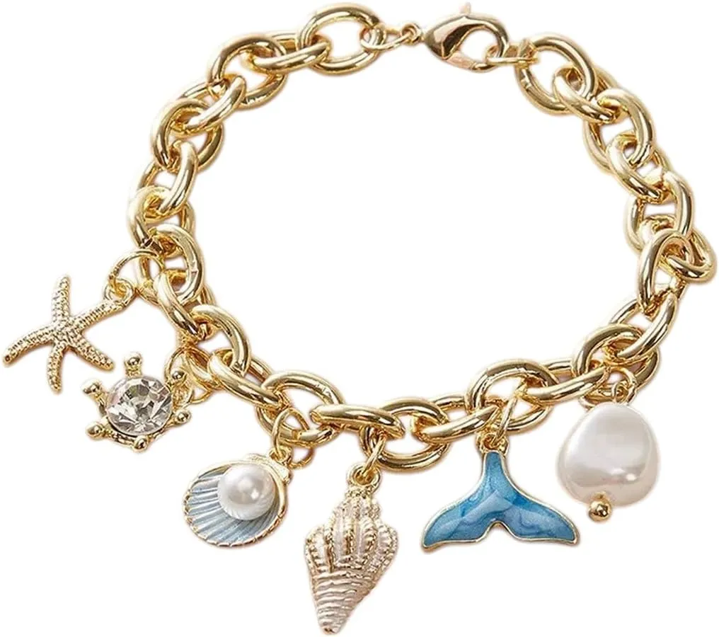 Gold Color Starfish Shell Conch Cuff Bracelets For Women Men New Imitation Pearl Beach Ocean Wristband Bangle Jewelry